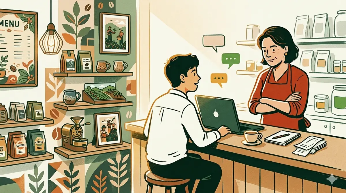 the same small business owner, now alone at her counter after the