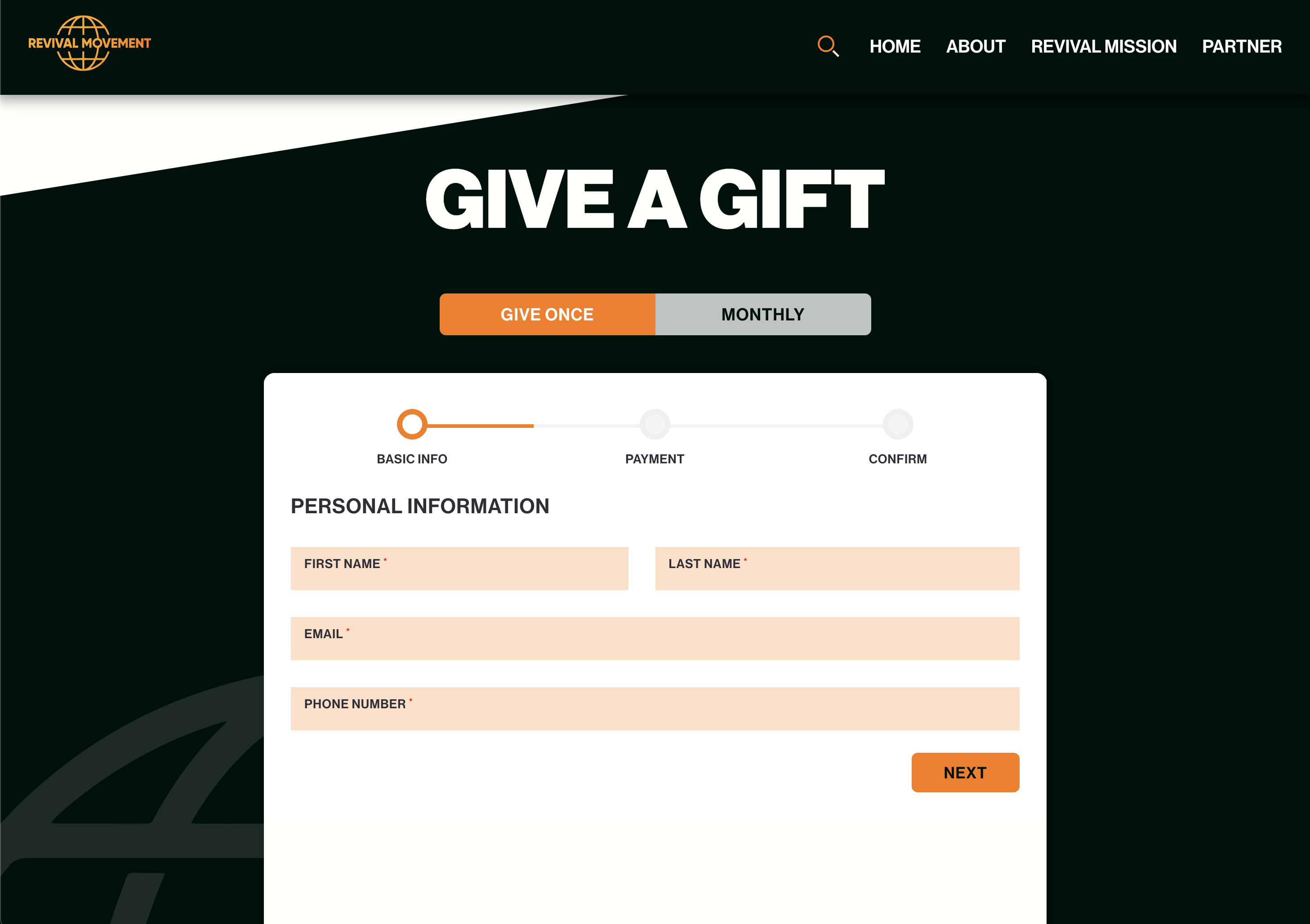 Screenshot of Revival Movement's "Partner" page allowing the user to toggle between one-time and recurring donations.