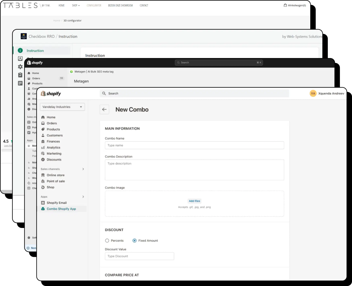 Екрани Shopify-додатків від Web-Systems: Metagen для масових SEO-тегів, конструктор наборів Combo та панель інструкцій Checkbox RRO