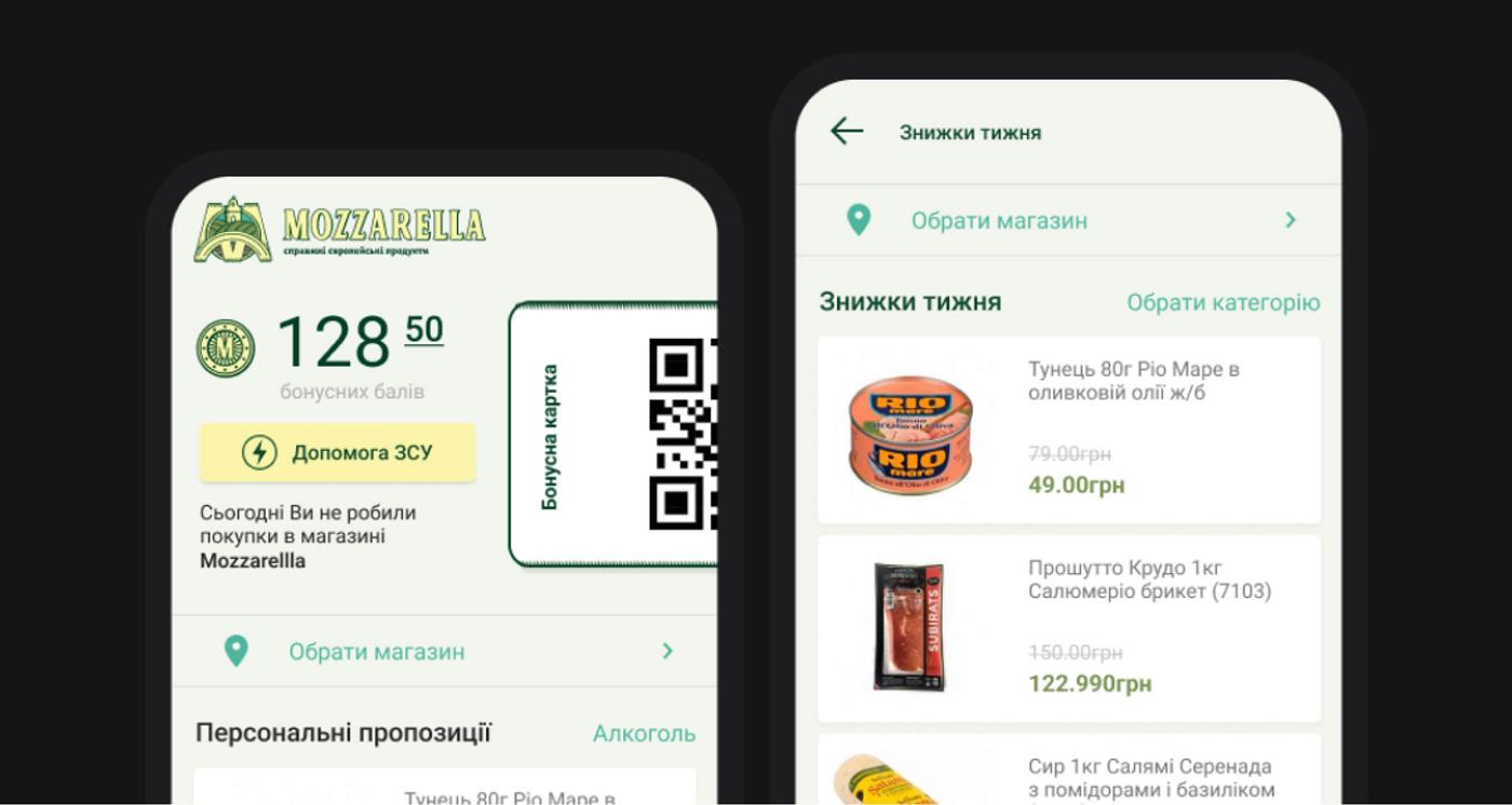 Два екрани мобільного застосунку супермаркету Mozzarella: бонусна картка з QR-кодом і список знижок тижня
