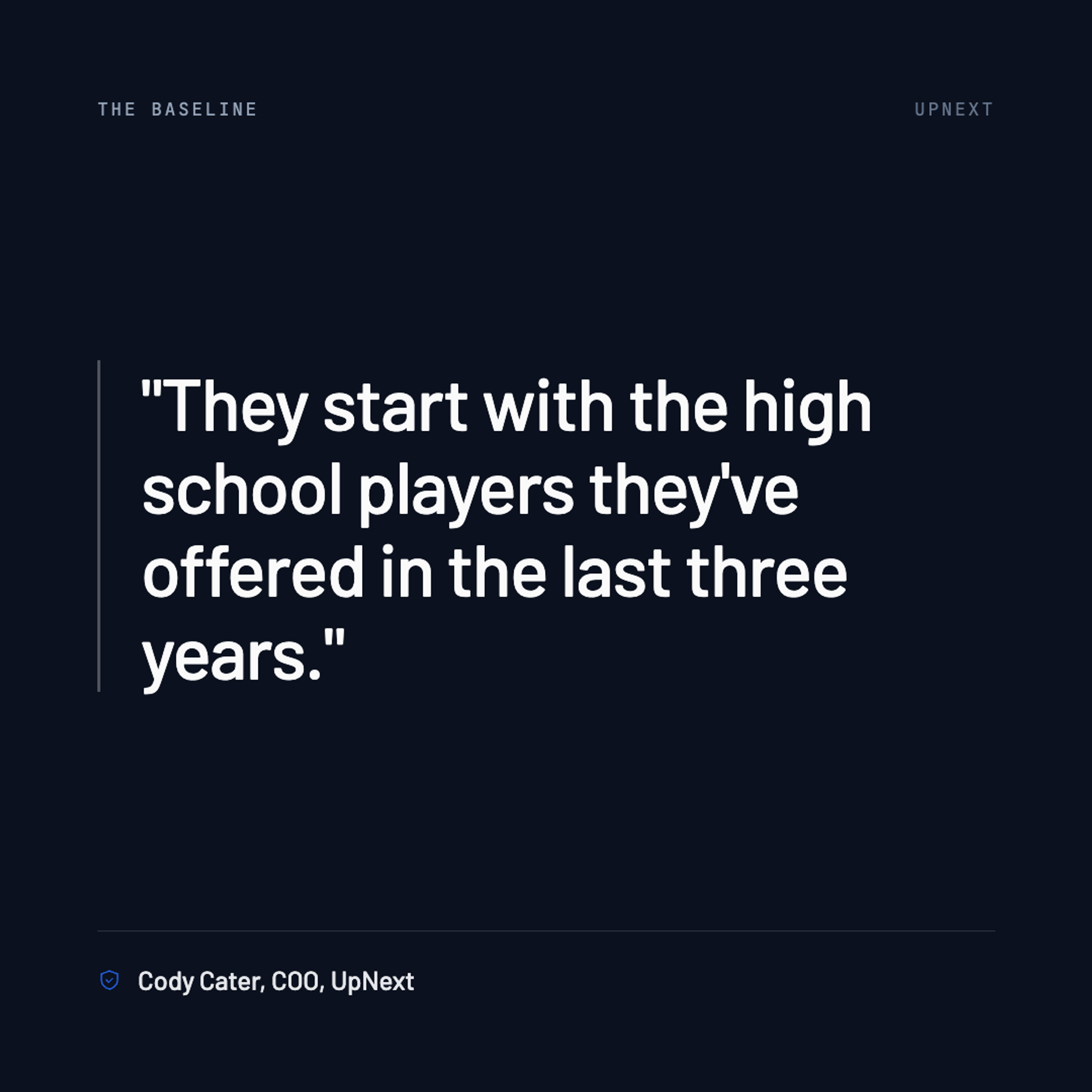 Quote card. "They start with the high school players they've offered in the last three years." Cody Cater, COO, UpNext