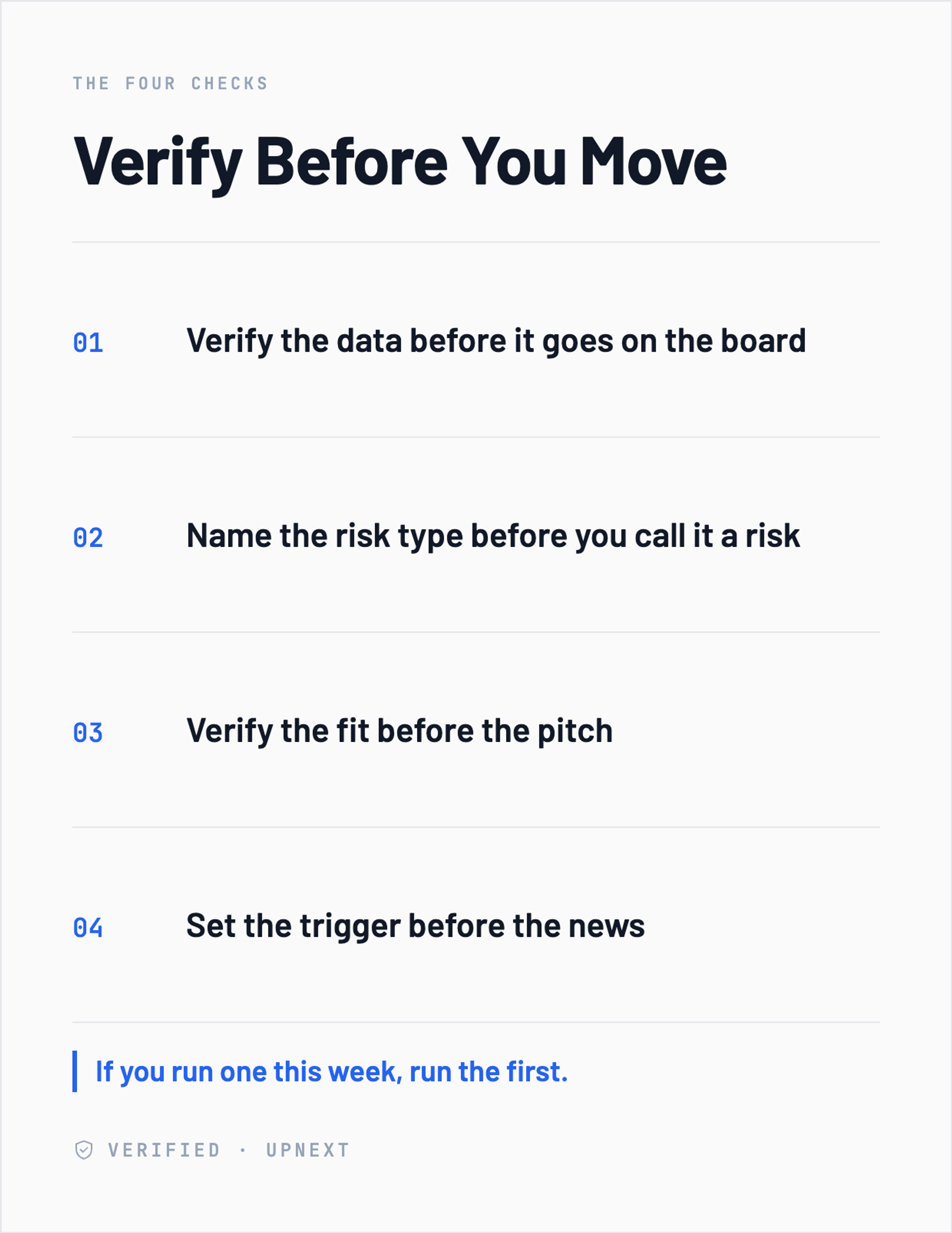 Framework card, the four checks. One, verify the data before it goes on the board. Two, name the risk type before you call it a risk. Three, verify the fit before the pitch. Four, set the trigger before the news. Operating rule: if you run one this week, run the first.