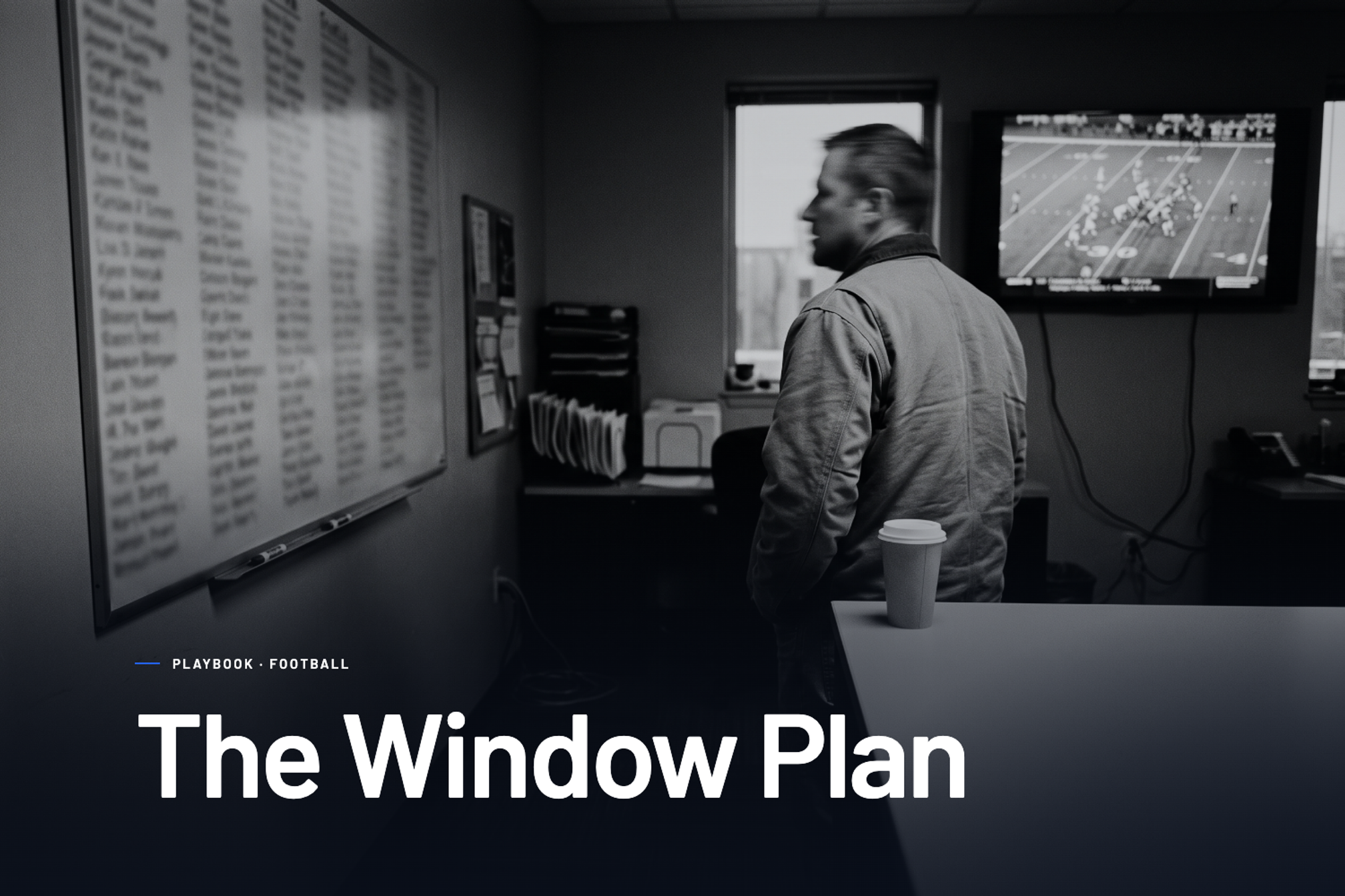A personnel staffer studies a board of player names in a college football office before sunrise, with paused game film on a screen behind him.