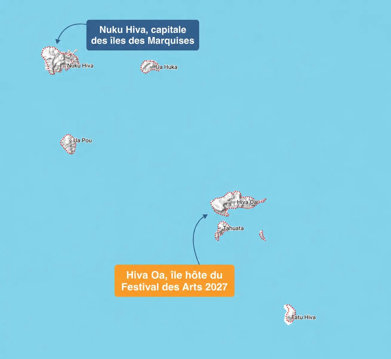 Map of the Marquesas Islands showing the location of the 2027 Arts Festival