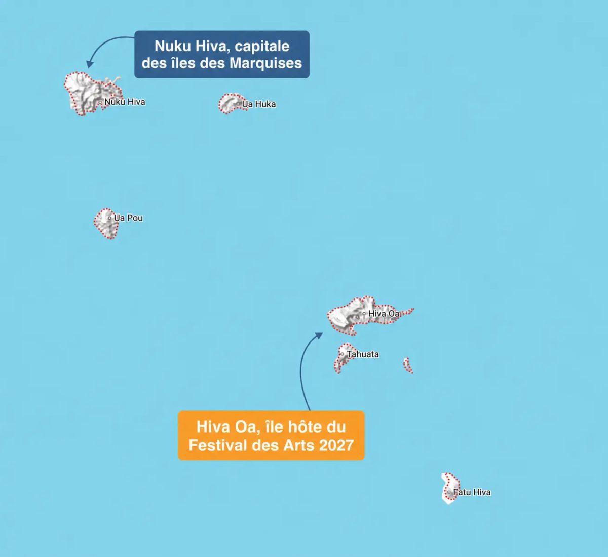 Map of the Marquesas Islands showing the location of the 2027 Arts Festival