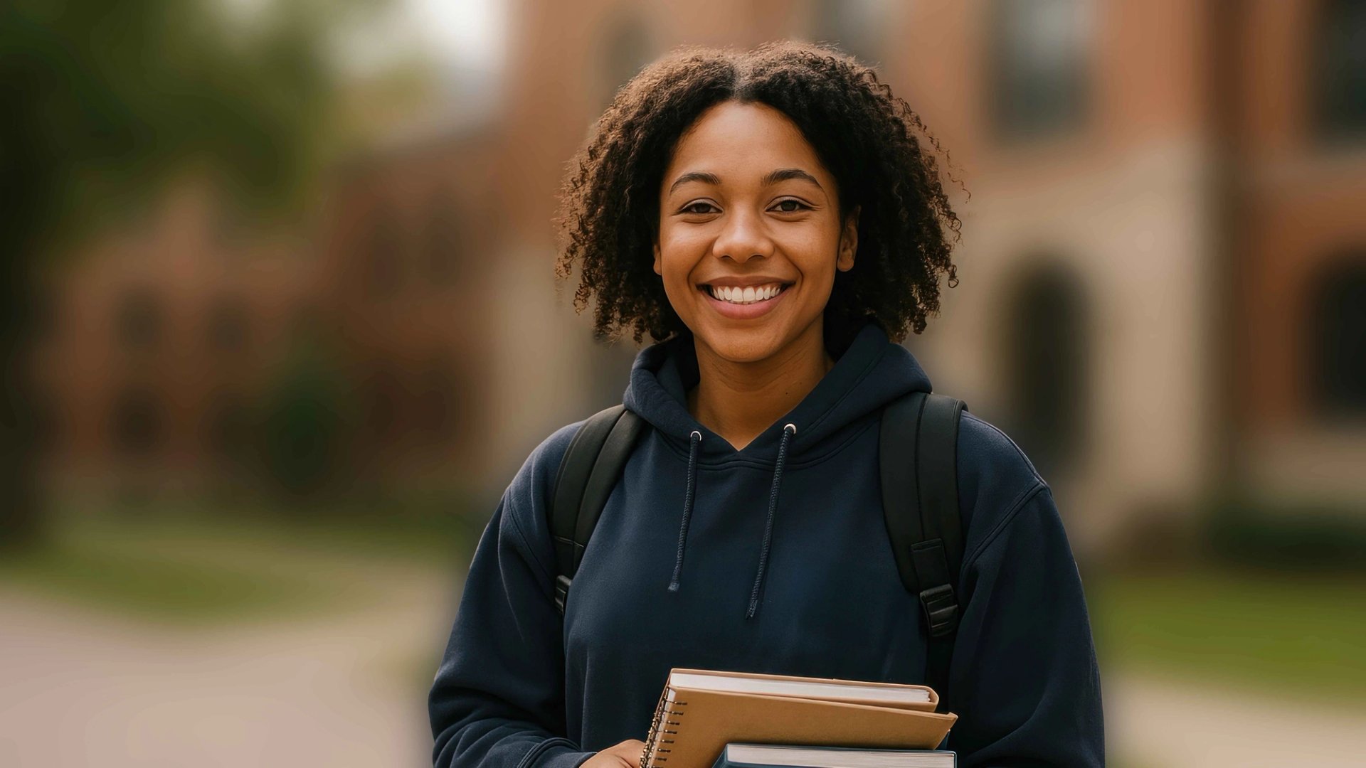 Student in front of a college