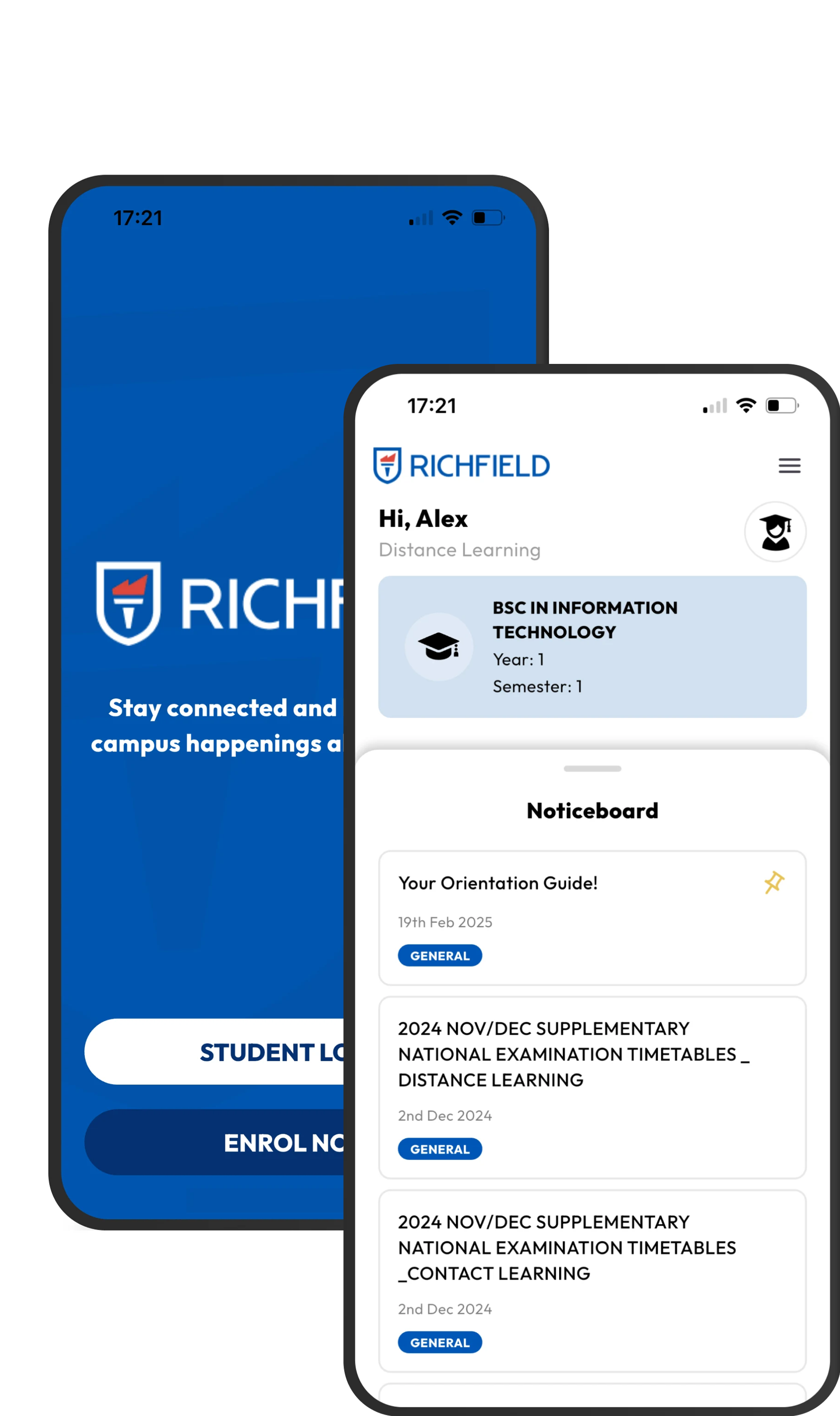 Richfield app: login and noticeboard screens