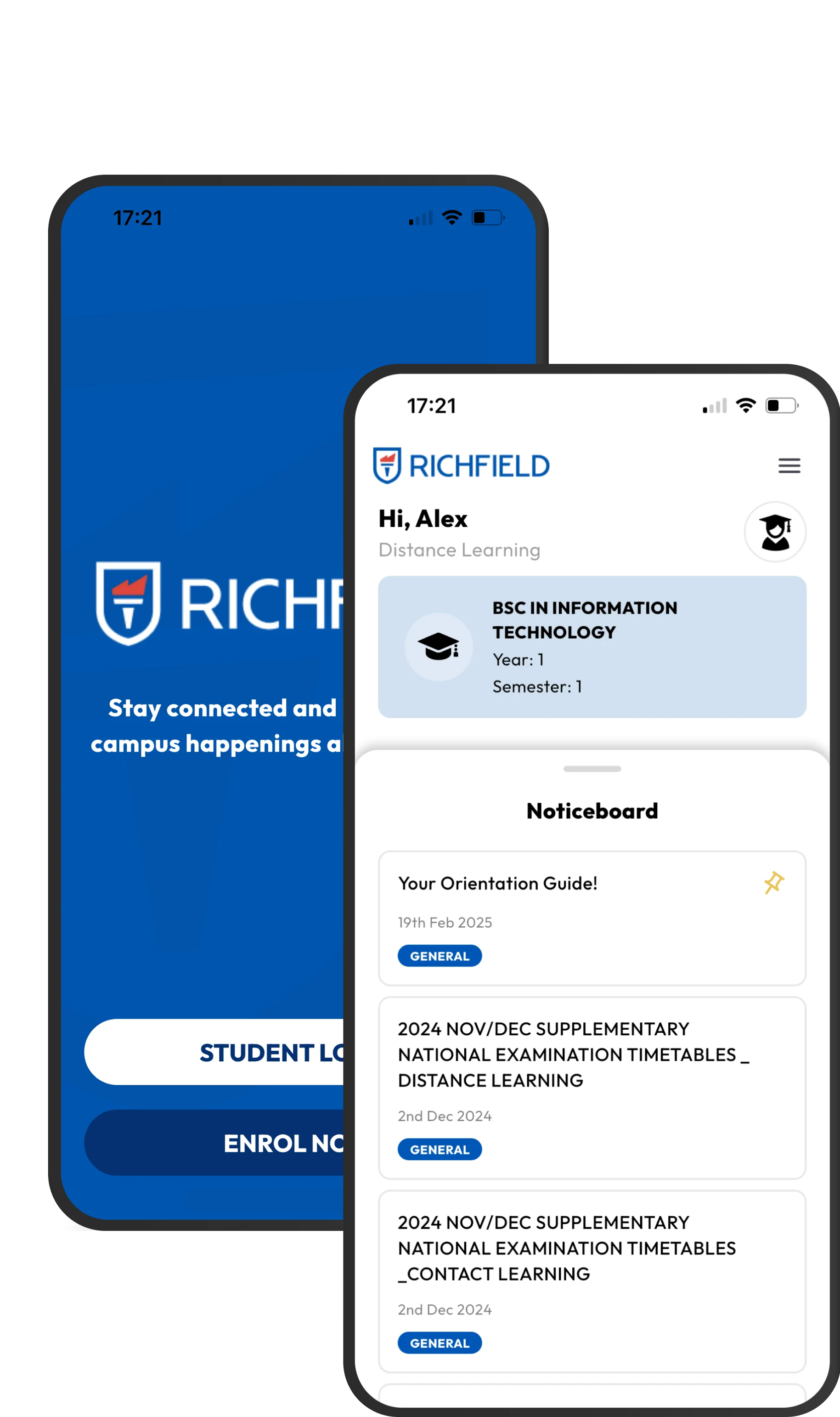 Richfield app: login and noticeboard screens