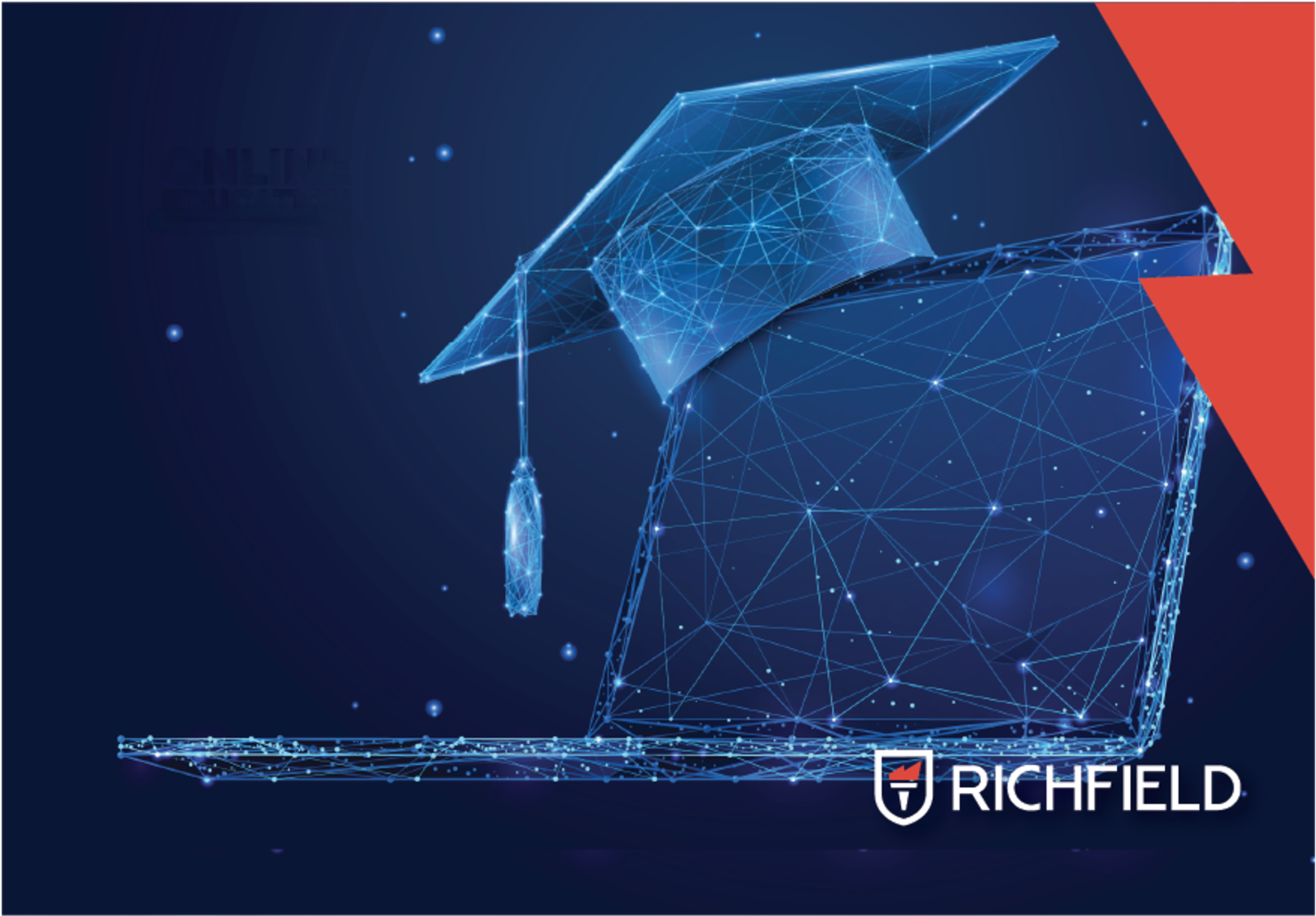 Graduation cap sitting on a laptop with Richfield logo in corner.