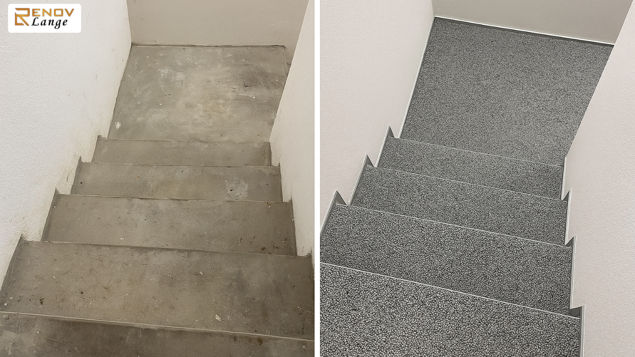 Vorher: alt & unsicher – Nachher: steinteppich kellertreppe pflegeleicht & robust.