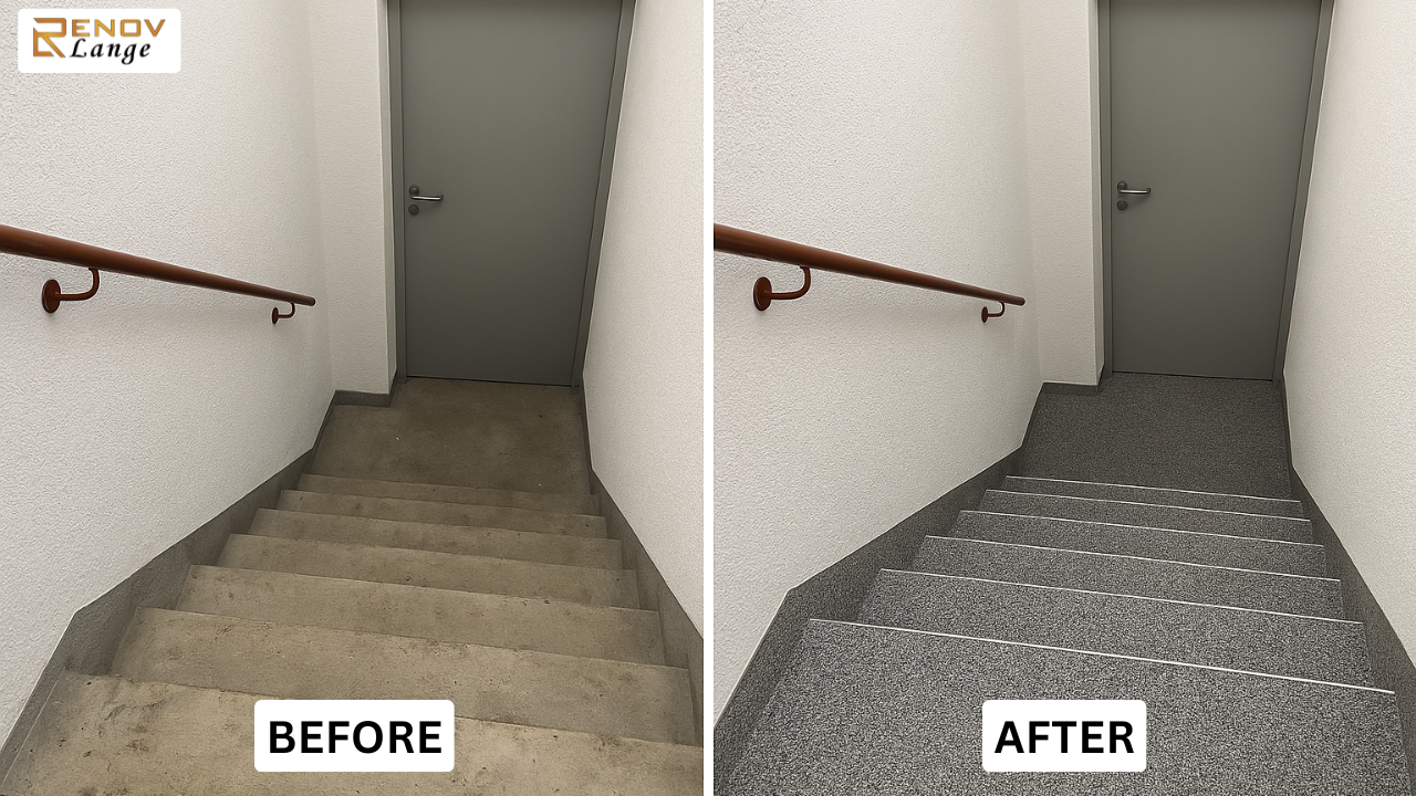 Vorher: alte, unattraktive Stufen – Nachher: steinteppich kellertreppe, rutschfest & modern.
