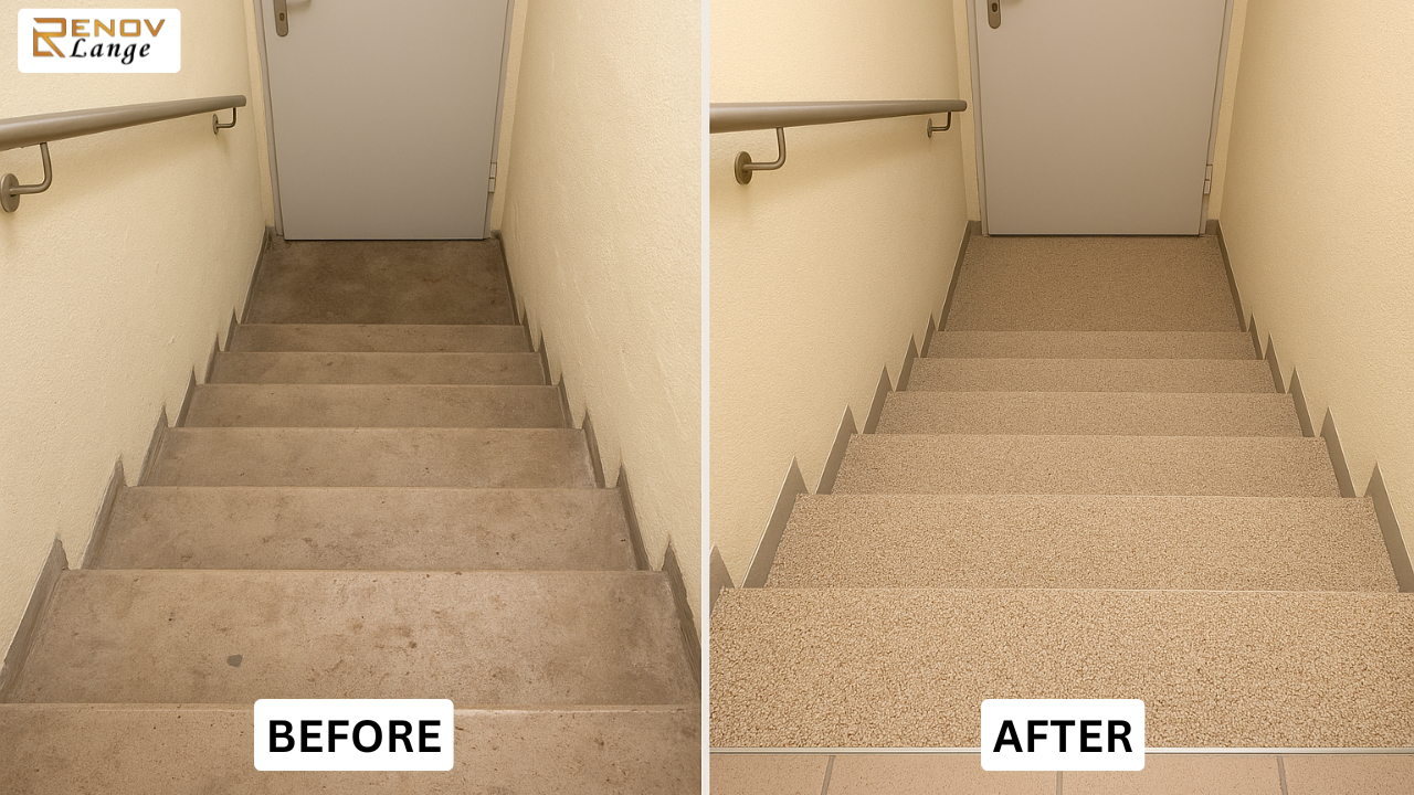 Vorher unscheinbar – Nachher ein Blickfang: steinteppich marmor kellertreppe.