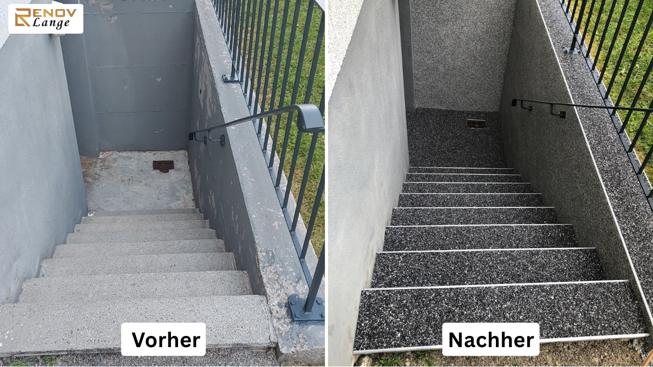 So schön kann eine Steinteppich Kellertreppe aussehen – rutschfest & frostsicher.