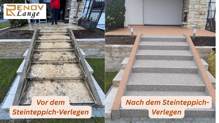 Vorher-Nachher Vergleich einer Steinteppich Treppe