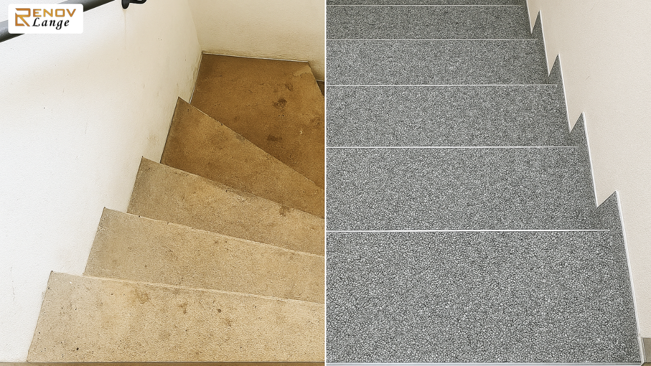 Mit Steinteppich rutschfest Kellertreppe wird jeder Schritt sicher – ideal für Außentreppen und Kellerbereiche