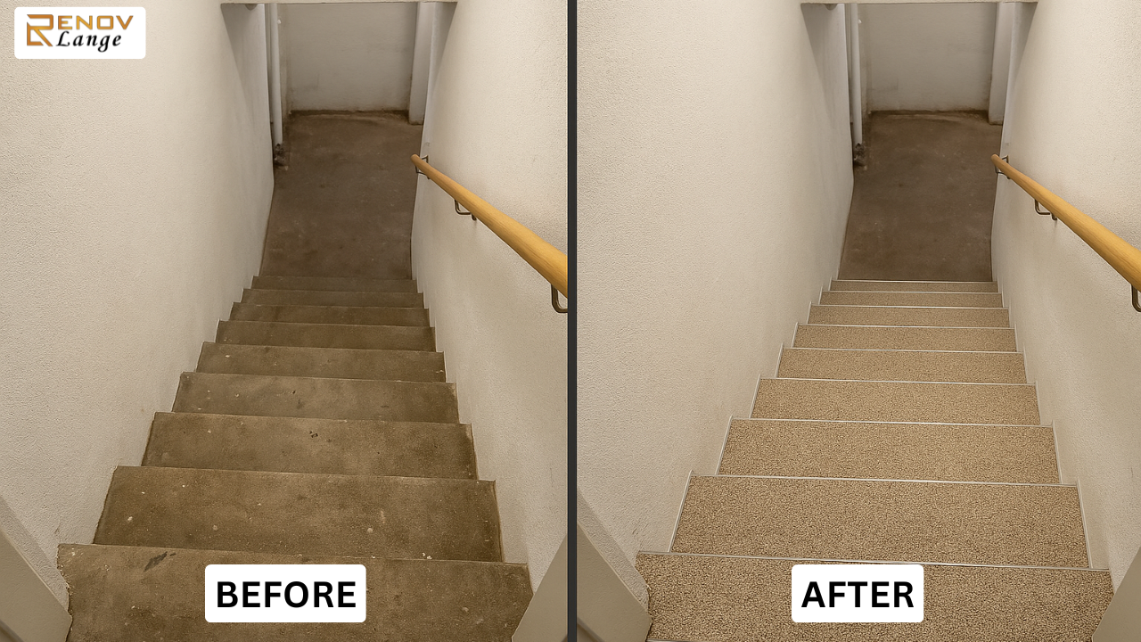 Vorher: alte Kellertreppe – Nachher: moderne steinteppich kellertreppe mit rutschfestem Belag.