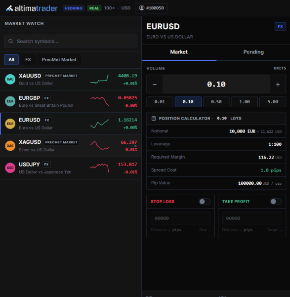AltimaTrader market watch with live prices for gold, silver and FX pairs, beside an order ticket with volume presets and a position calculator