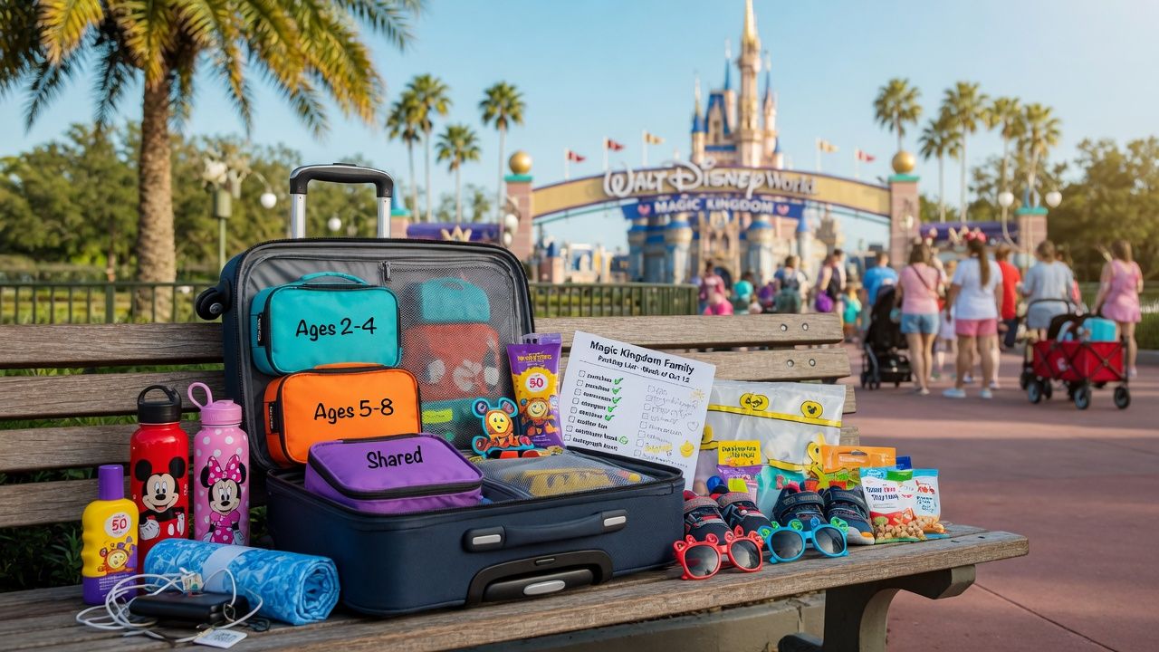 Disney World packing essentials for kids ages 2–8 on a park bench near Magic Kingdom