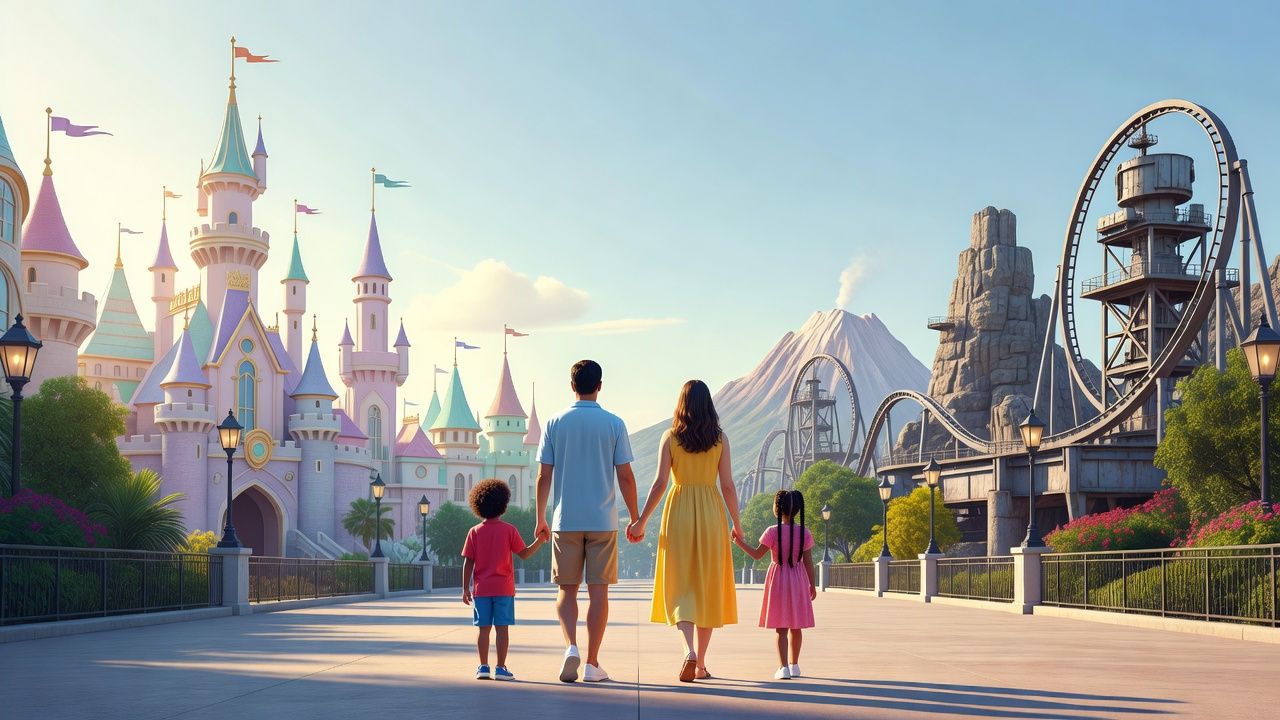 Family walking between a storybook castle setting and an adventure-park skyline