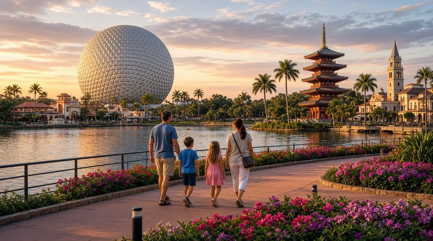 Family with two kids strolling a lakeside promenade with a giant geodesic sphere and world pavilions at sunset