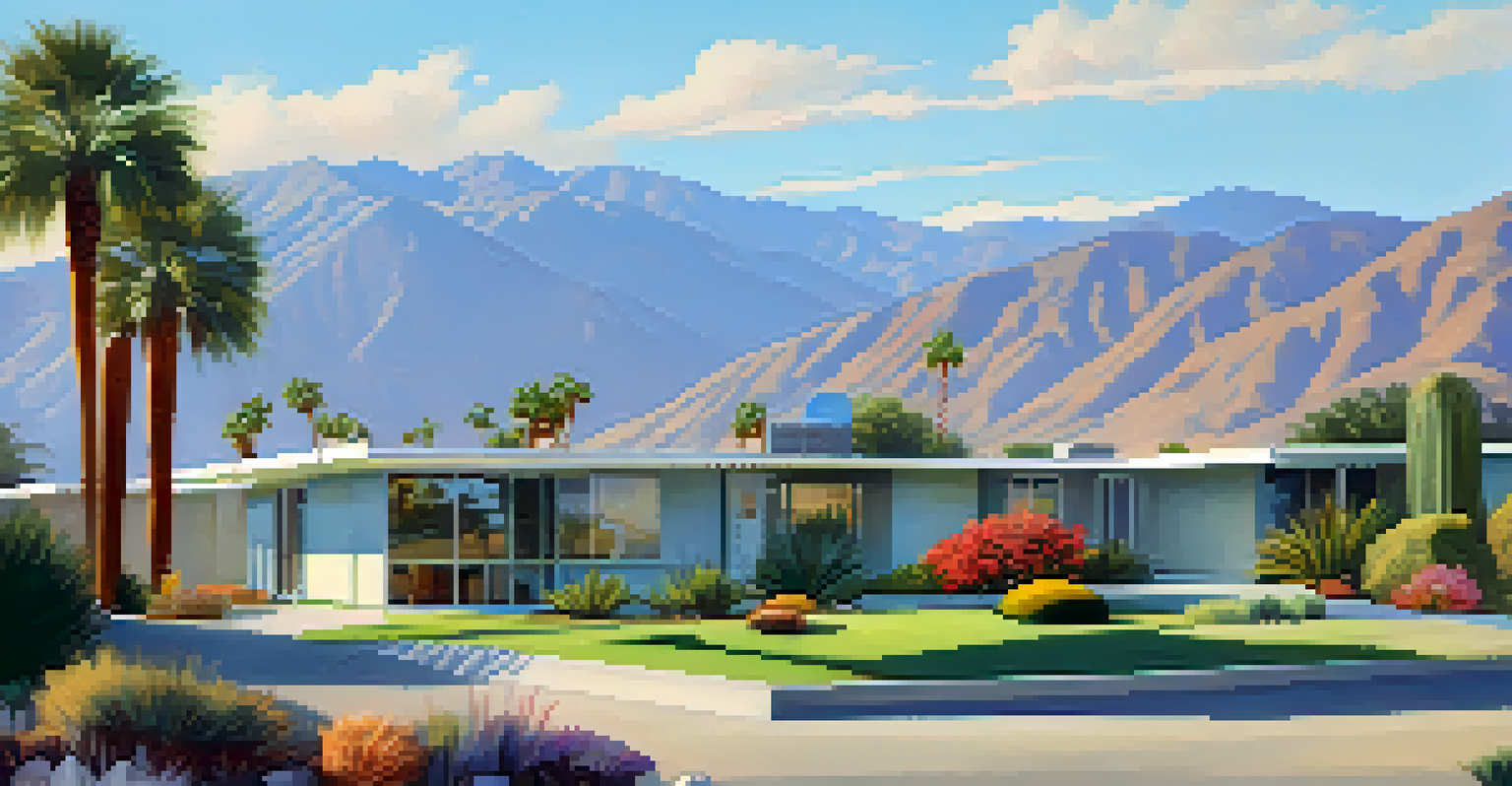 A tranquil view of South Palm Springs showcasing mid-century modern homes and beautiful gardens with mountains in the background.