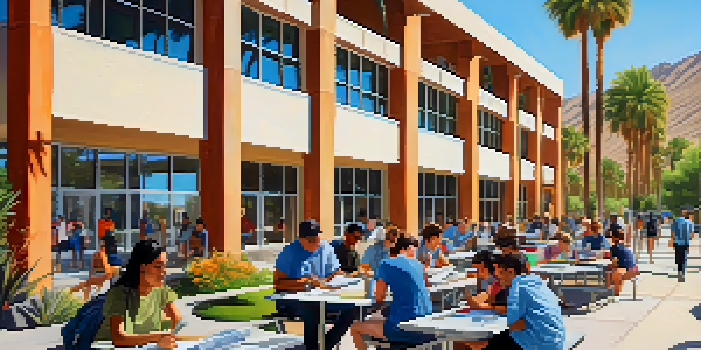 Students studying outdoors on a community college campus in Palm Springs, surrounded by palm trees and colorful flowers.