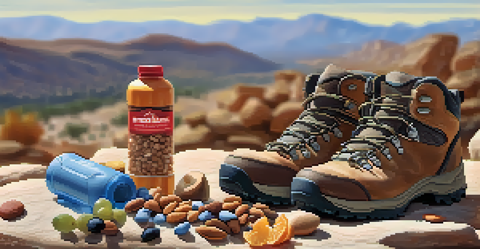 An arrangement of hiking gear including boots, water bottle, and snacks against a desert backdrop.