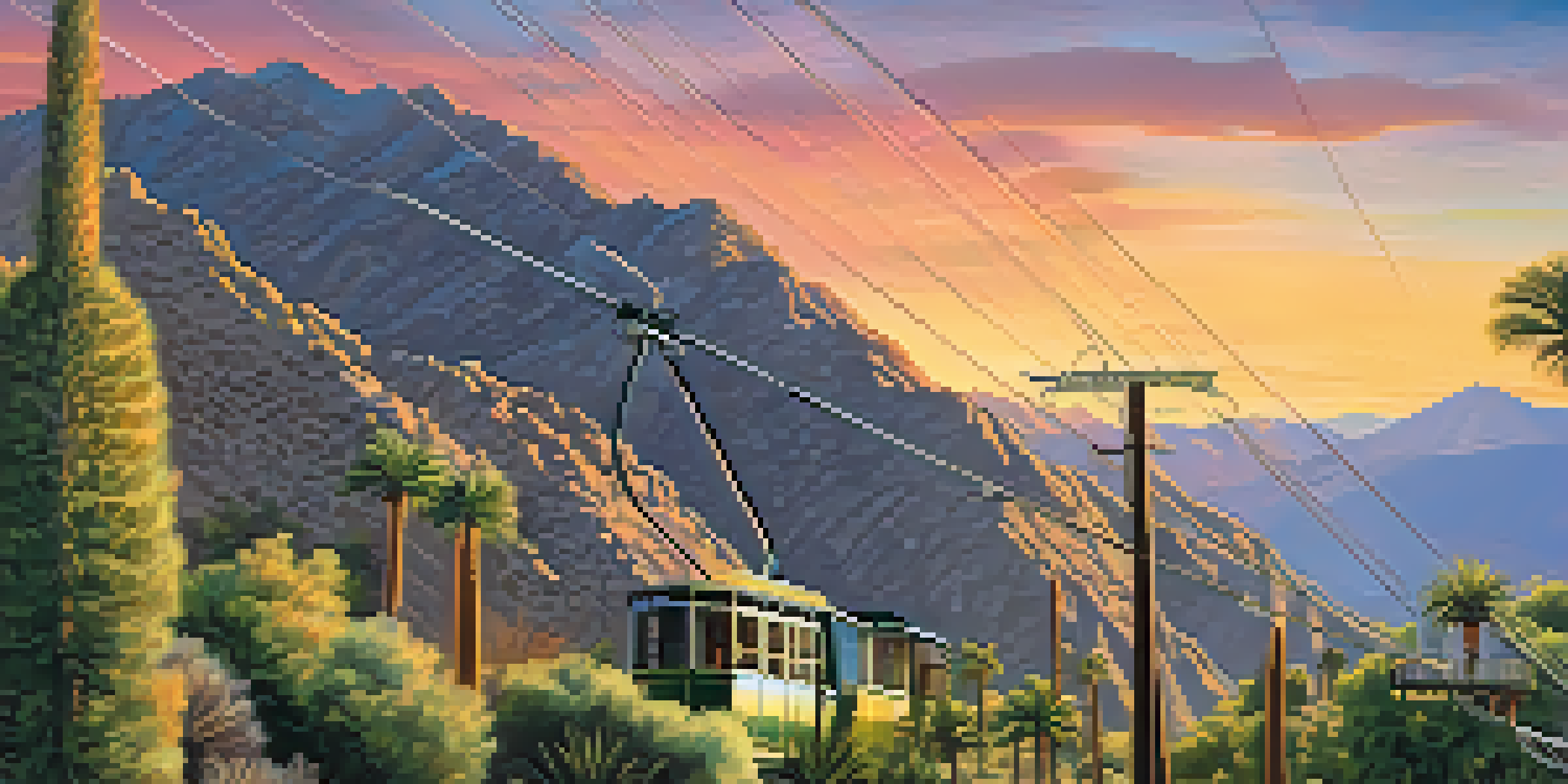 A scenic view of the Palm Springs Aerial Tramway traveling up a mountain, with desert and alpine landscapes under a colorful sunset.
