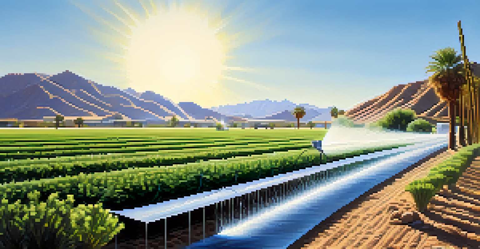 An irrigation system on a Palm Springs farm, showing precision drip lines watering lush green crops in a desert environment.