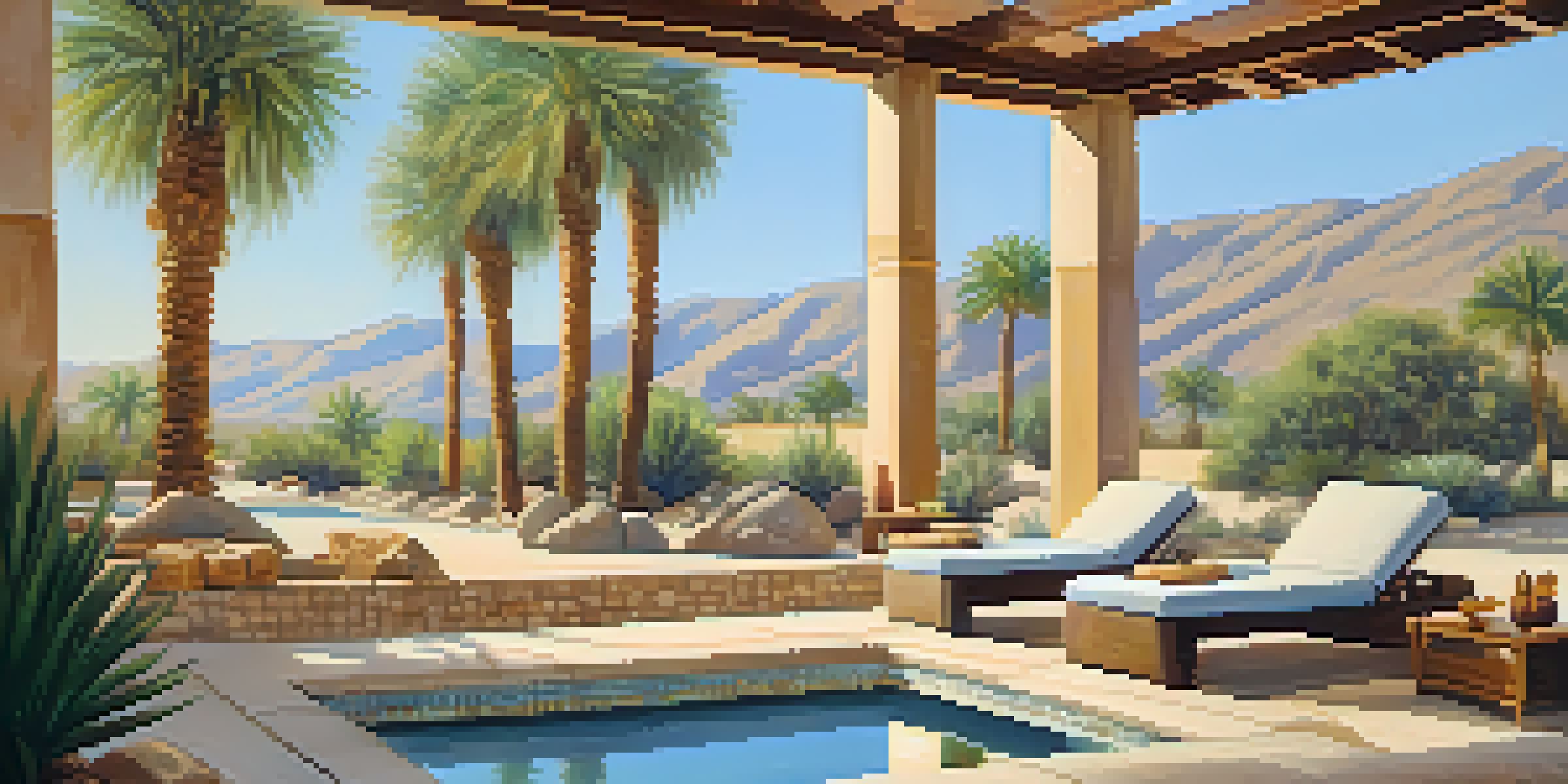 A tranquil spa environment in the desert with massage stones and palm trees, illuminated by sunlight.