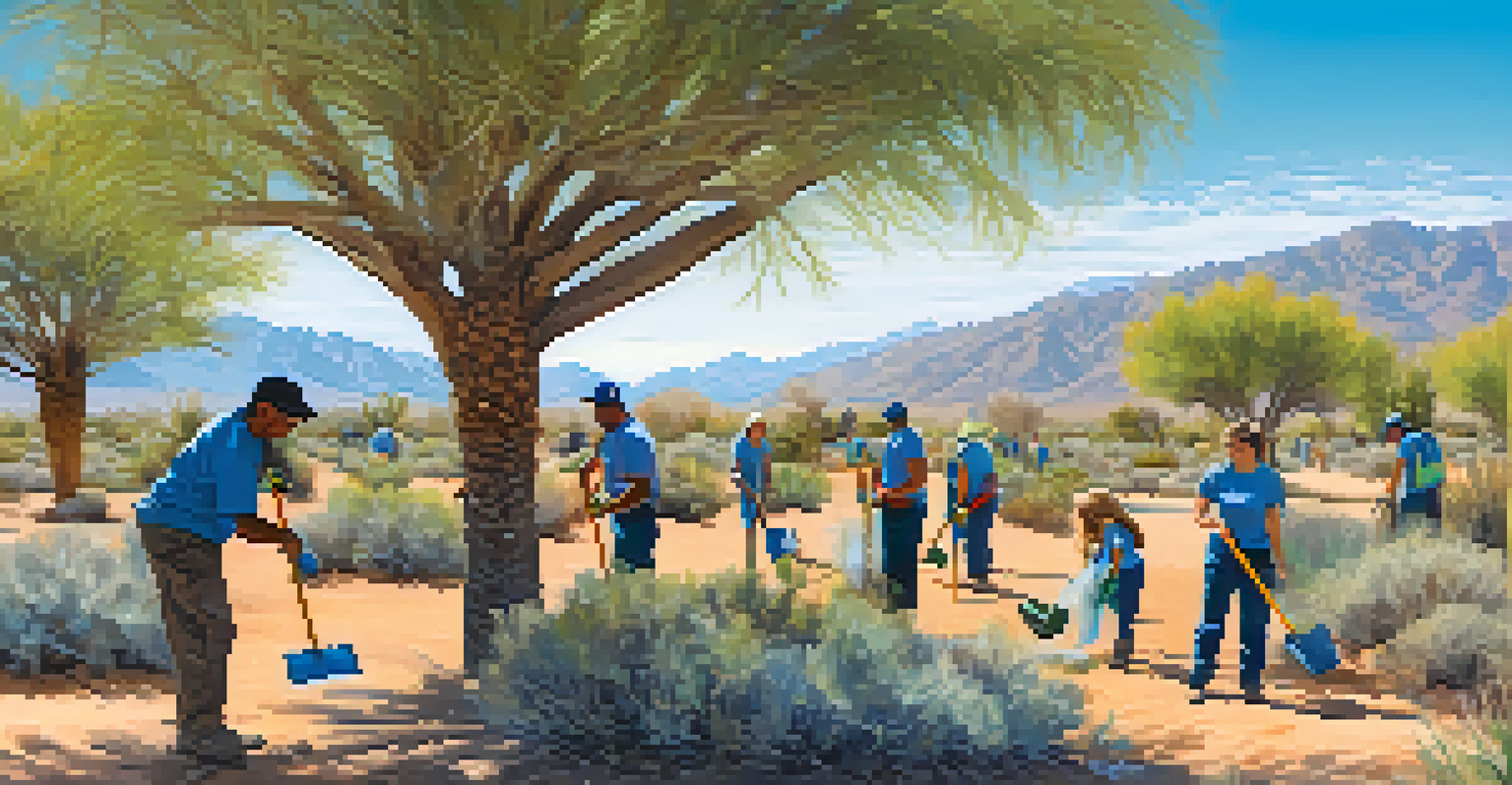 Volunteers participating in a desert conservation event, planting native plants and cleaning the area under a clear blue sky.