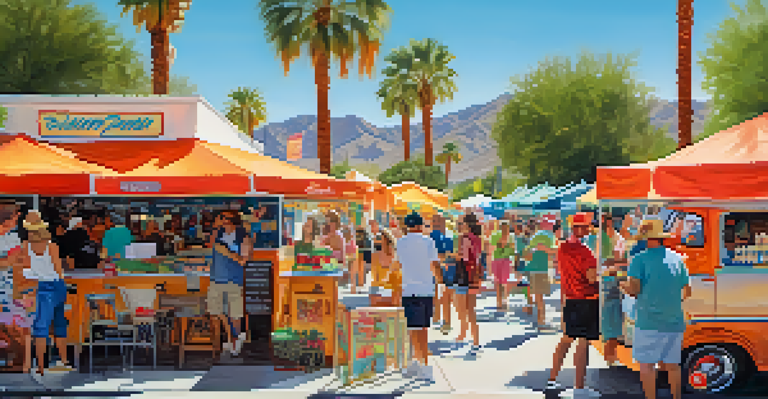 A bustling outdoor street fair at Palm Springs VillageFest, with vendors, food trucks, and people enjoying food.