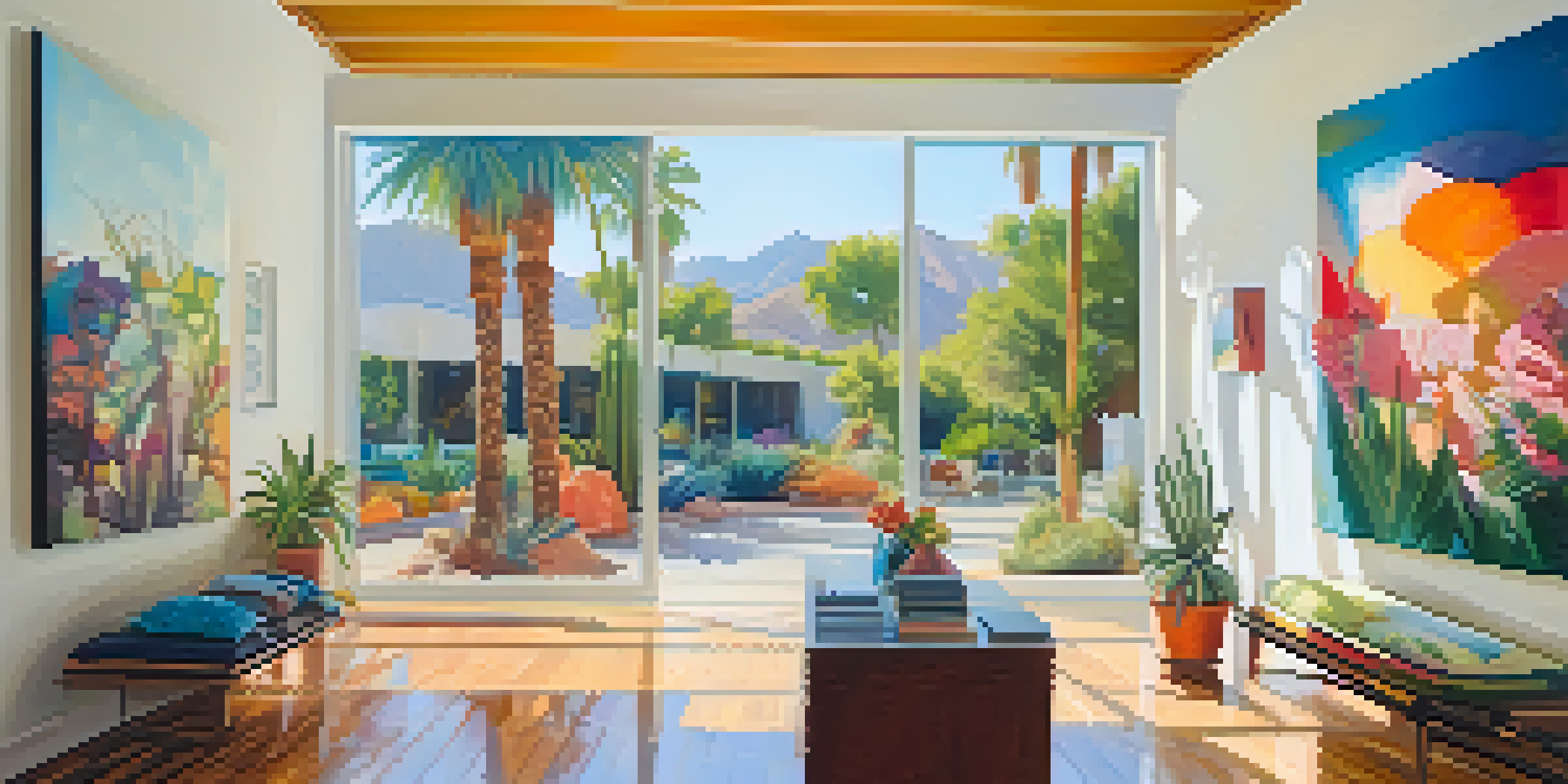 A bright and lively interior of an art gallery in Palm Springs, filled with colorful artworks and visitors discussing art.