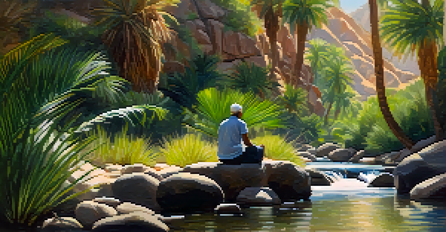 A person meditating on a rock by a stream in Indian Canyons, surrounded by lush palm trees and sunlight filtering through the leaves.