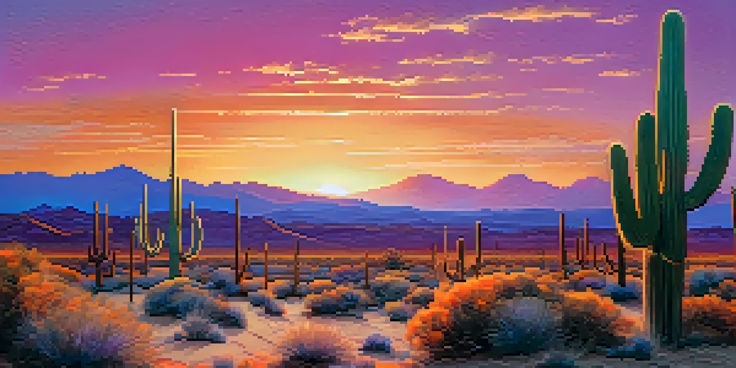 A desert landscape at sunset with a colorful sky and a silhouette of a cactus in the foreground.