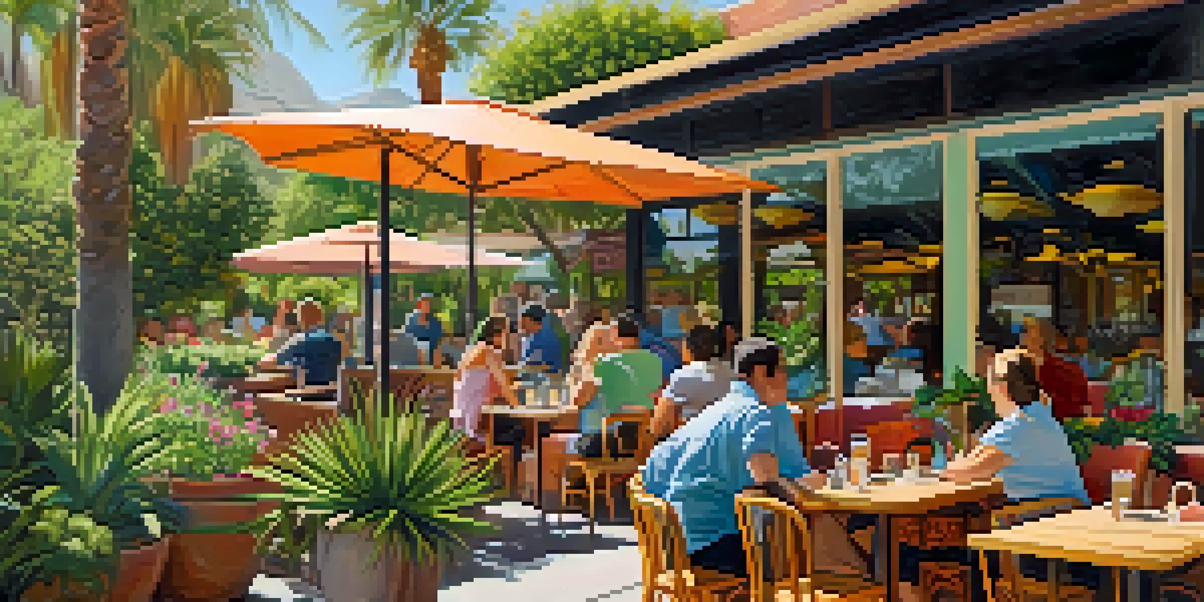 An outdoor organic café in Palm Springs with a rustic wooden patio, surrounded by greenery and flowers. Patrons enjoy fresh juices and brunch under soft morning light.