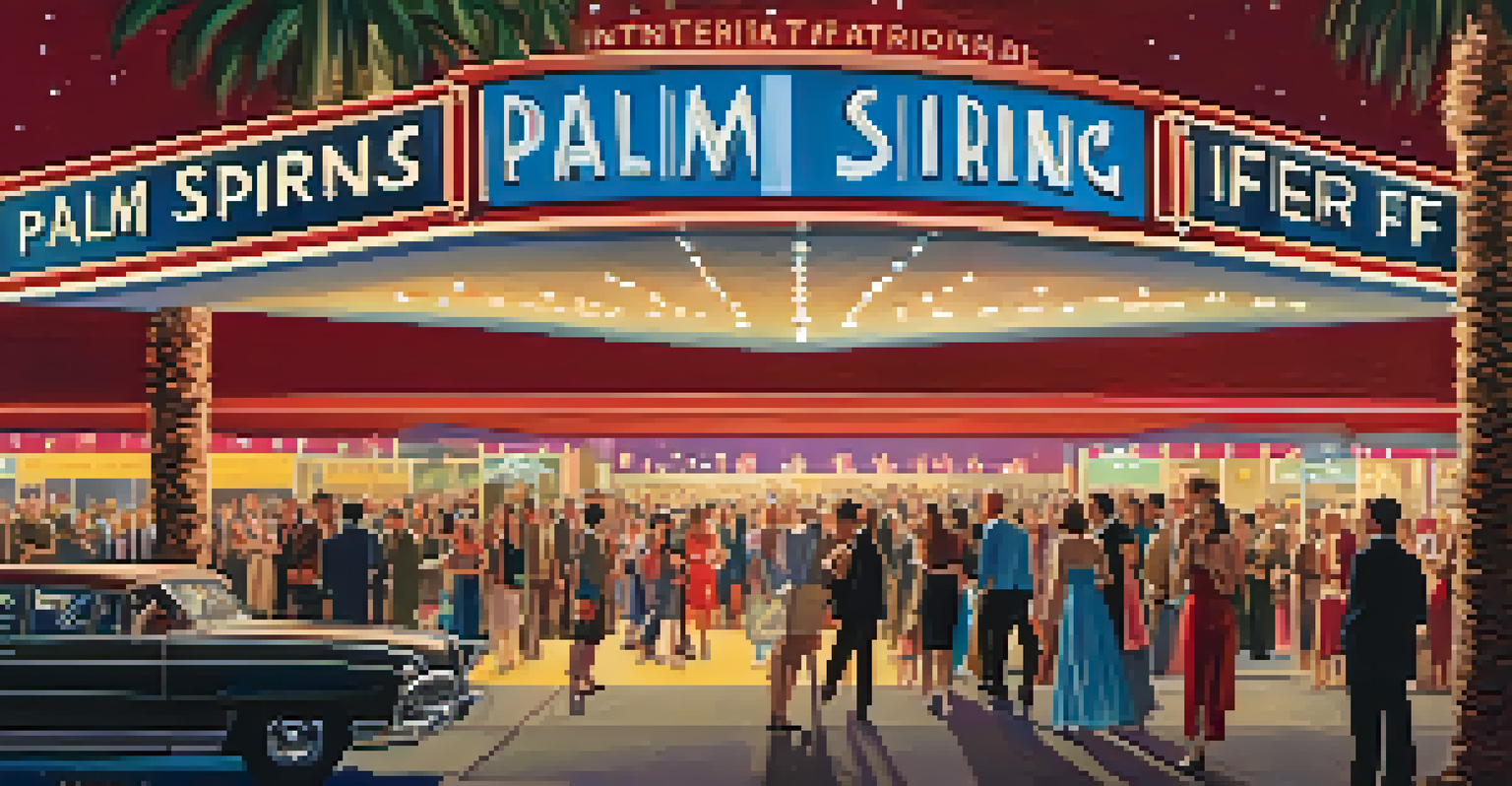 A lively scene of the Palm Springs International Film Festival with a crowd outside a classic theater, illuminated by bright lights and red carpets.