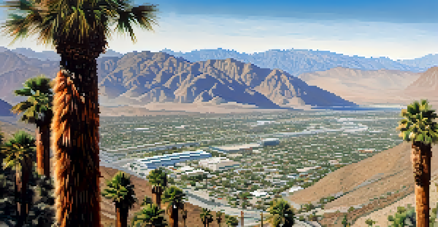 A panoramic view from a tramway showing a desert landscape with mountains and a clear blue sky.