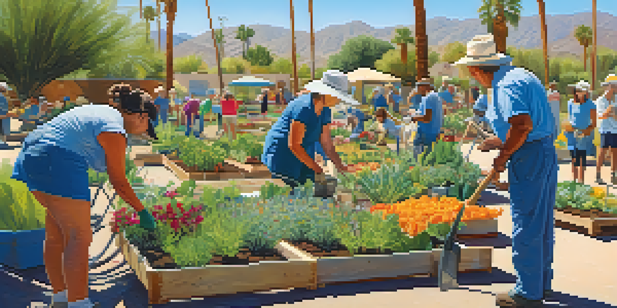A group of diverse volunteers planting flowers and vegetables in a community garden under the bright sun in Palm Springs.