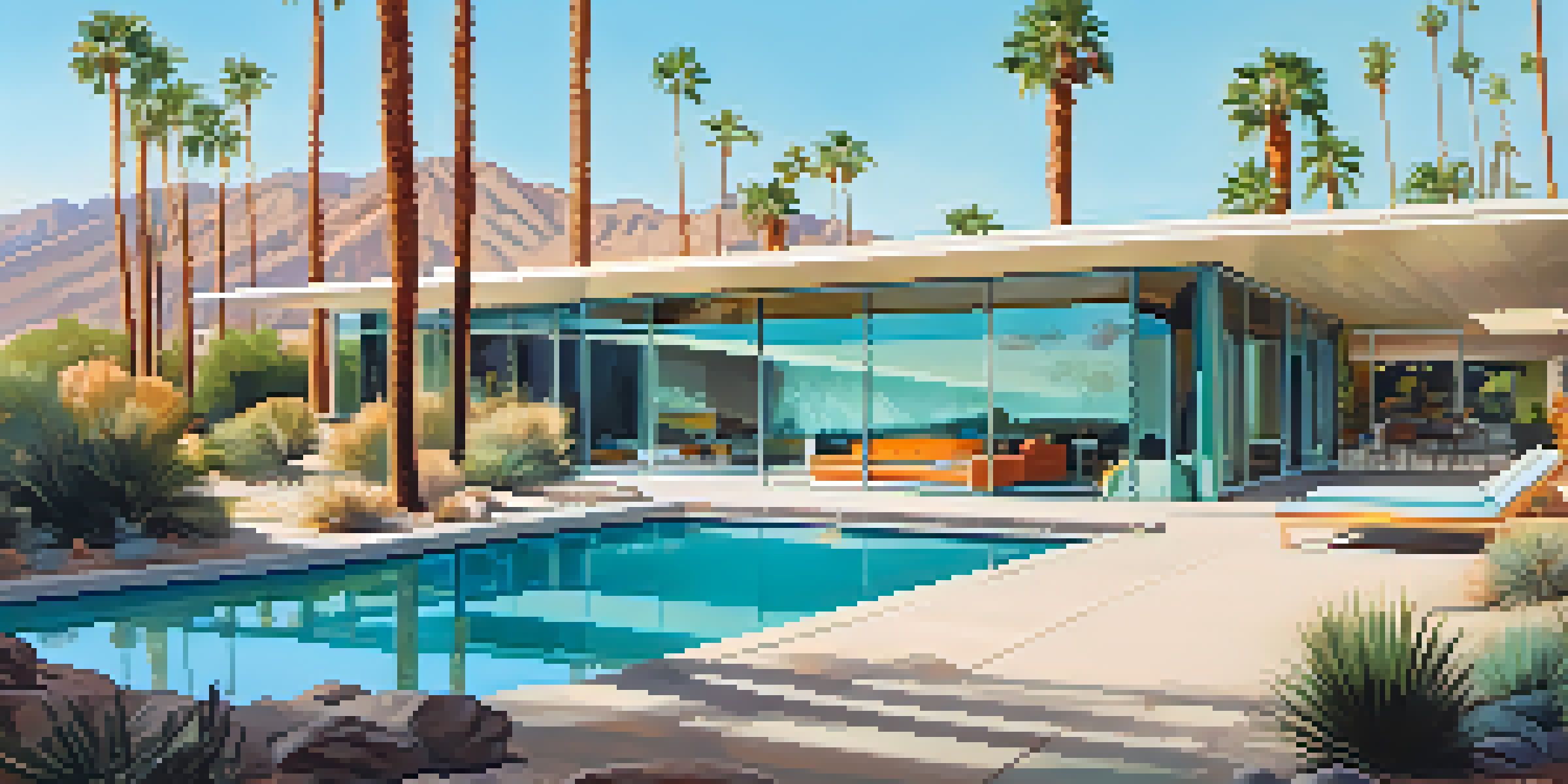 A mid-century modern home with large glass walls and a pool, surrounded by desert landscape and greenery.
