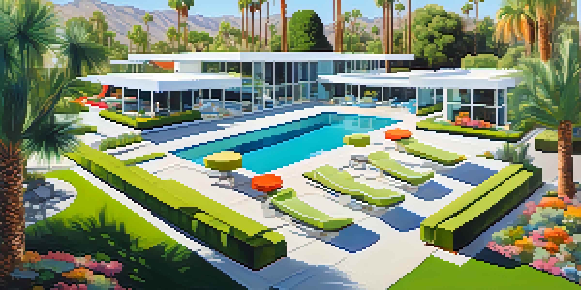A colorful view of The Parker Palm Springs resort with vibrant gardens and a pool.
