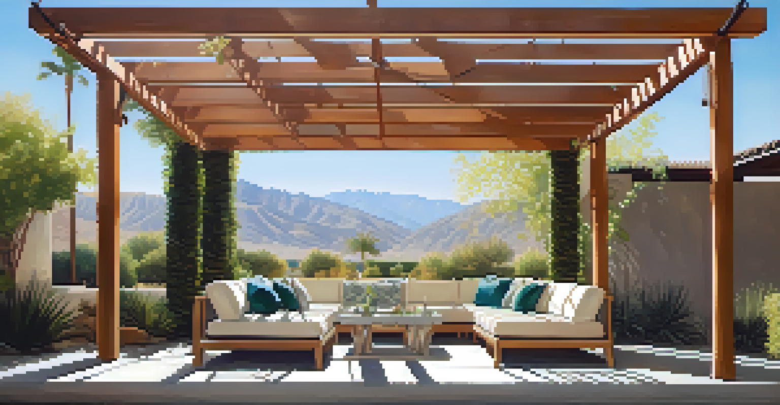 A modern pergola with climbing vines and comfortable seating in a sunny backyard.