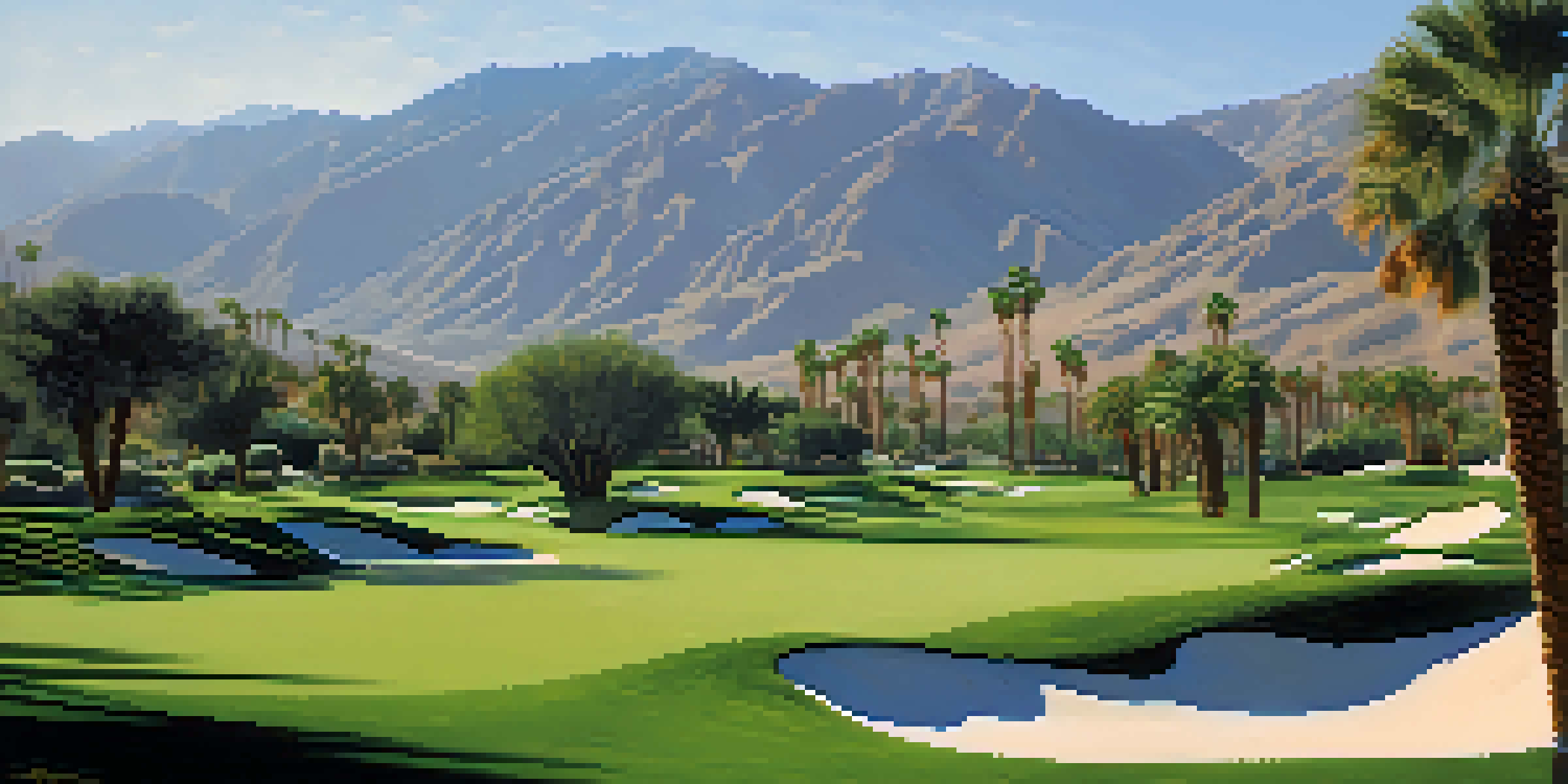 A beautiful golf course with mountains in the background and golfers playing under a clear blue sky.