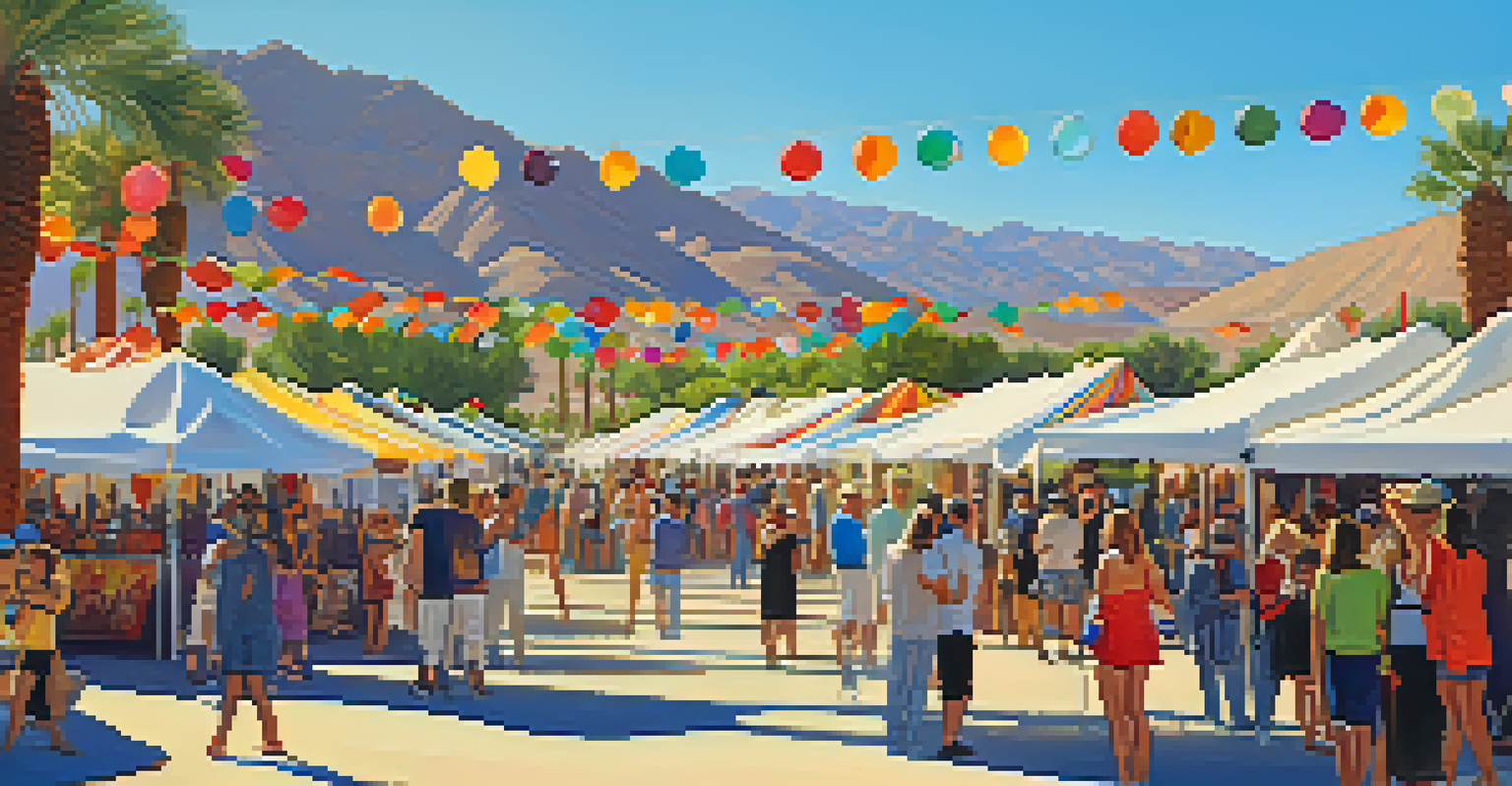 An outdoor art festival in Palm Springs featuring large installations and sculptures with attendees interacting with the art under the warm desert sun.