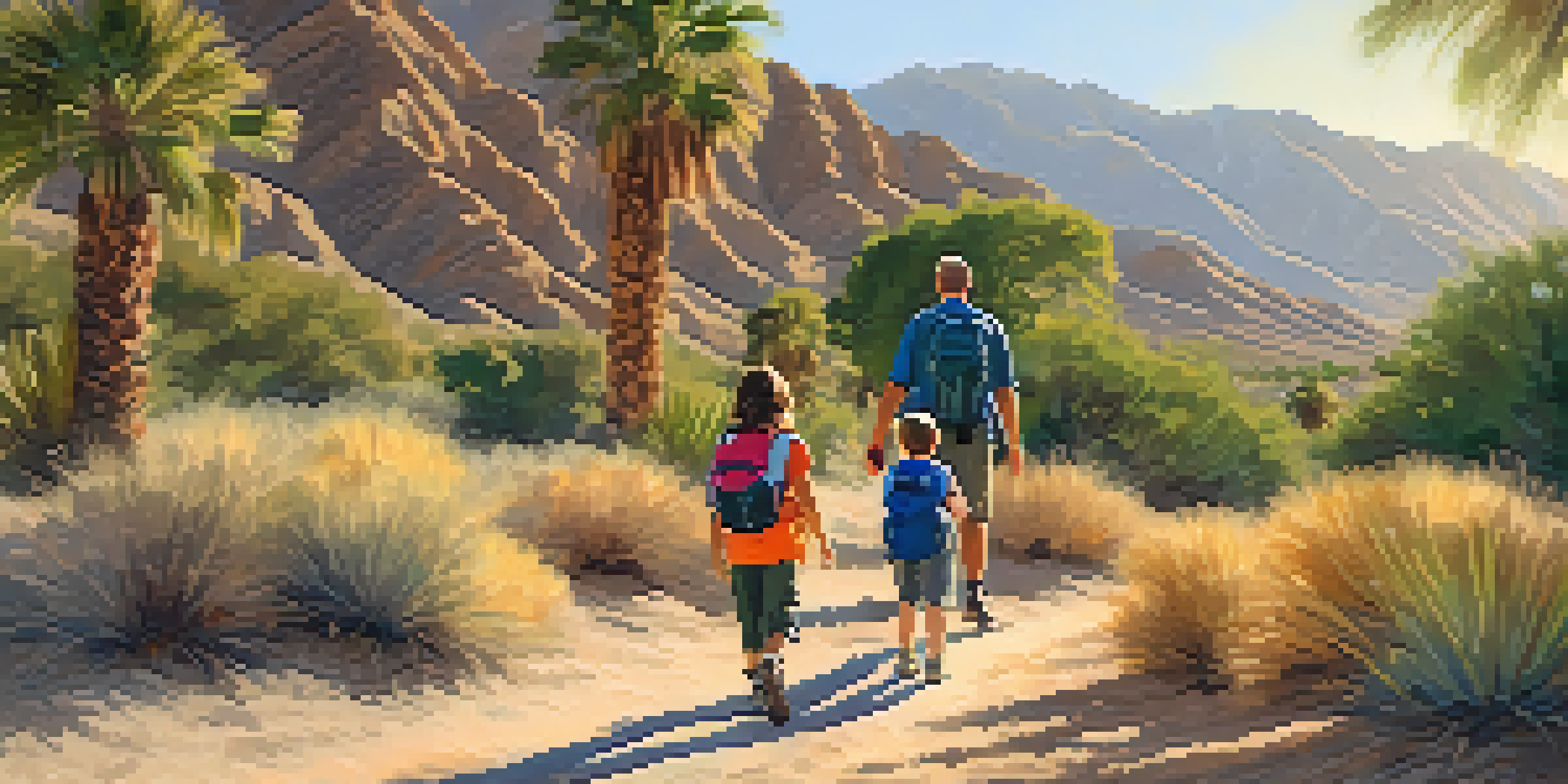 A family of four enjoying a hike in the desert, with palm trees and mountains in the background. The sun shines brightly, creating a warm atmosphere.