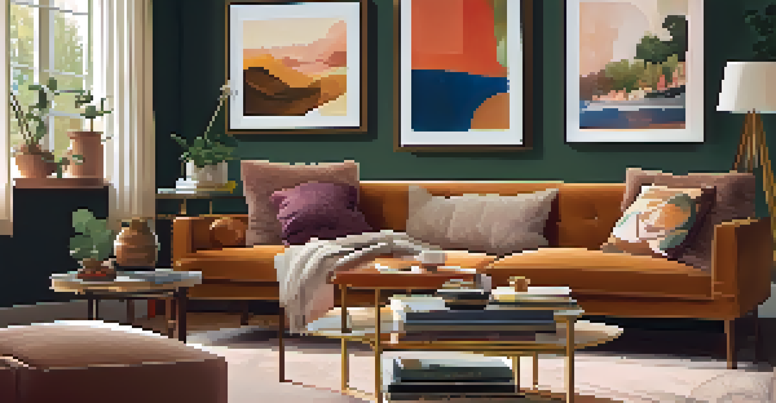 A cozy living room with a gallery wall showcasing eclectic artworks, warm decor, and soft lighting creating an inviting atmosphere.
