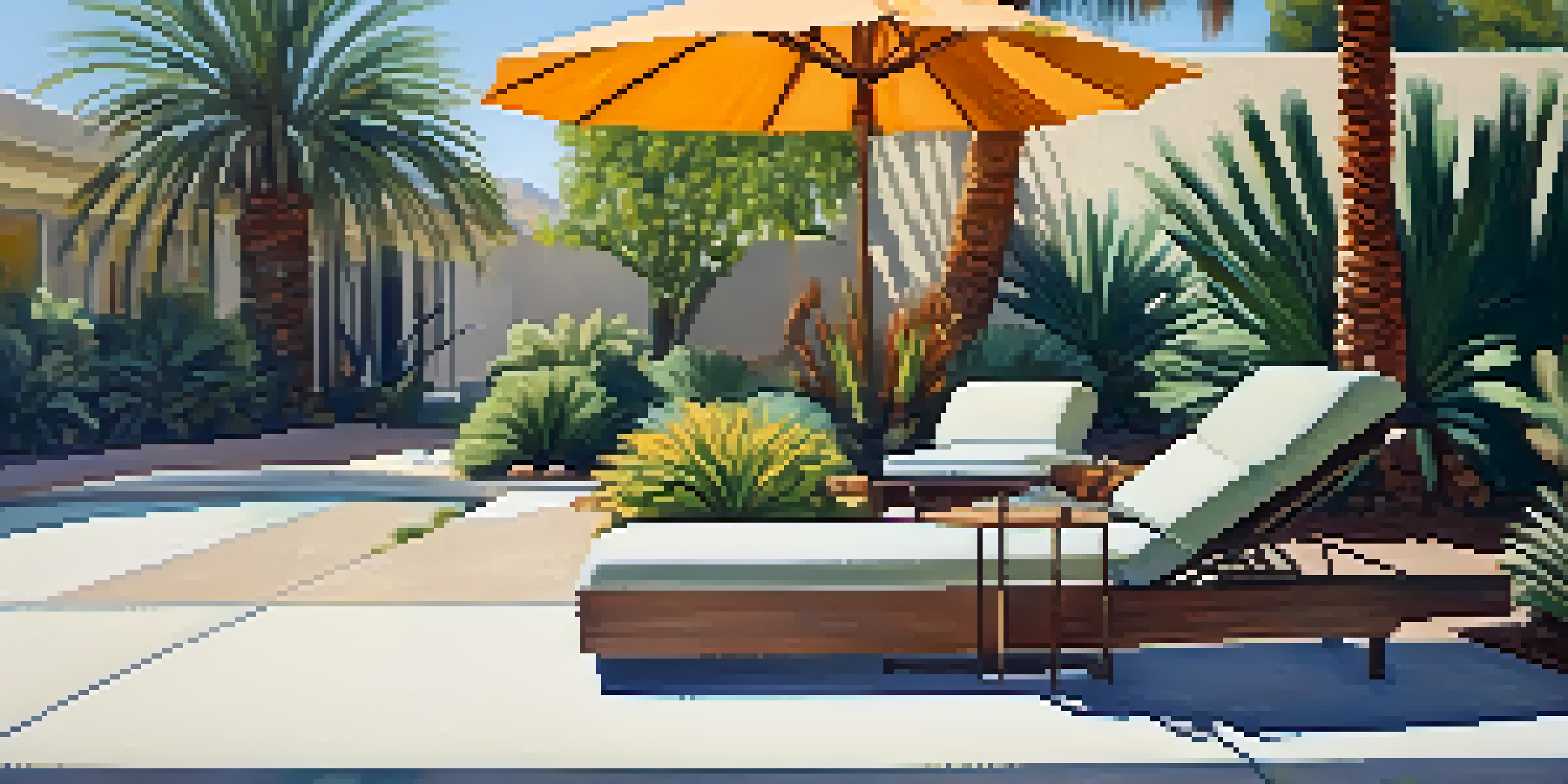 A shaded seating area under a large palm tree in Palm Springs, with stylish outdoor furniture and blooming flowers nearby.