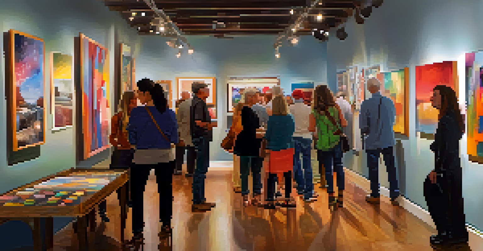 An active evening at Art on the Avenue gallery with visitors enjoying colorful artworks and live music.