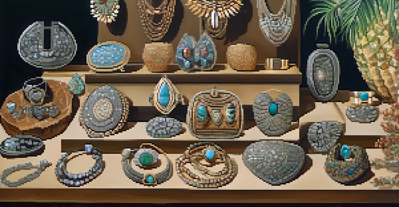 Close-up of handcrafted jewelry from Palm Springs, featuring intricate designs and textures in a cozy shop setting.