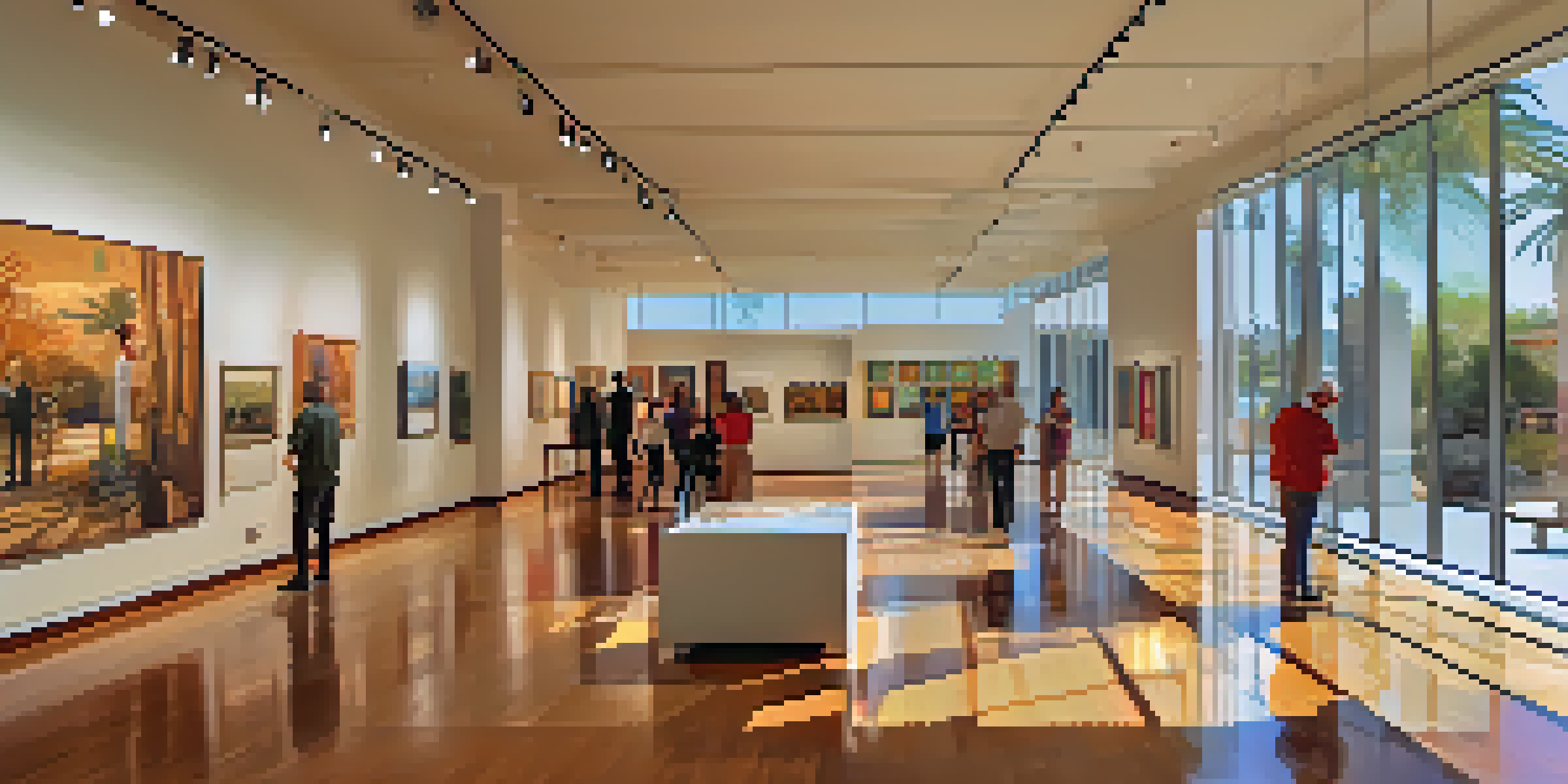 An interior view of the Palm Springs Art Museum with visitors exploring contemporary photography exhibits under soft natural light.